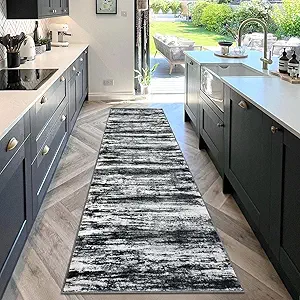 KOZYFLY Modern Abstract Washable Rug Runner 2.6x10 Hallway Rug Runner Non-Slip Soft Kitchen Runner Rugs, Black Navy Blue Grey Striped Carpet for Entryway Bathroom Laundry Room Foyer