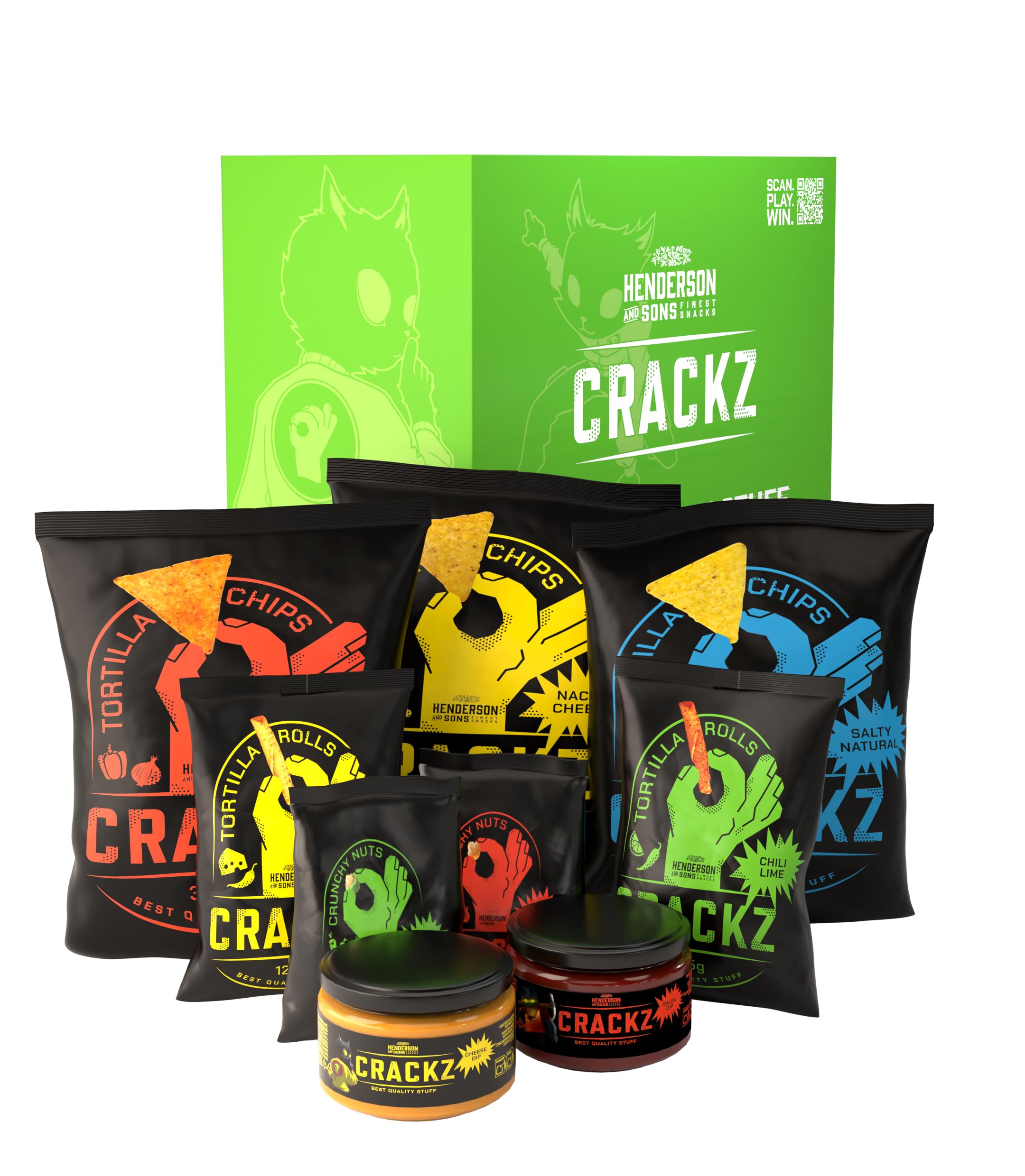 HENDERSON AND SONS CRACKZ Probierpaket mit allen 9 Sorten – 3 x Tortilla Chips, 2 x Tortilla Rolls, 2 x Crunchy Nuts & 2 x Dips – Gaming Snackbox für LAN Partys, WM Abende & Movie Nights