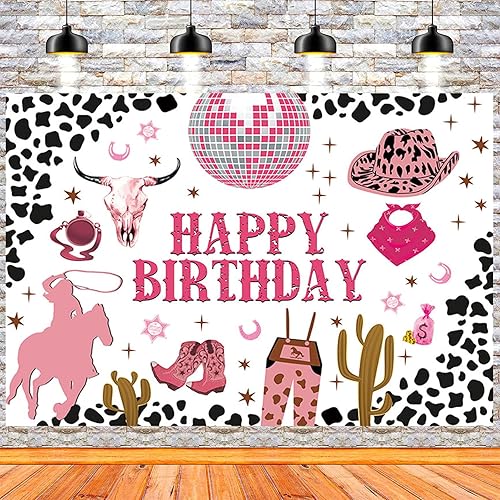 Miniatura 6 de Fondo de cumpleaños de vaquera occidental, decoración de fiesta temática de vaquera del salvaje oeste, 7 x 5 pies, vinilo rosa, no incluye soporte