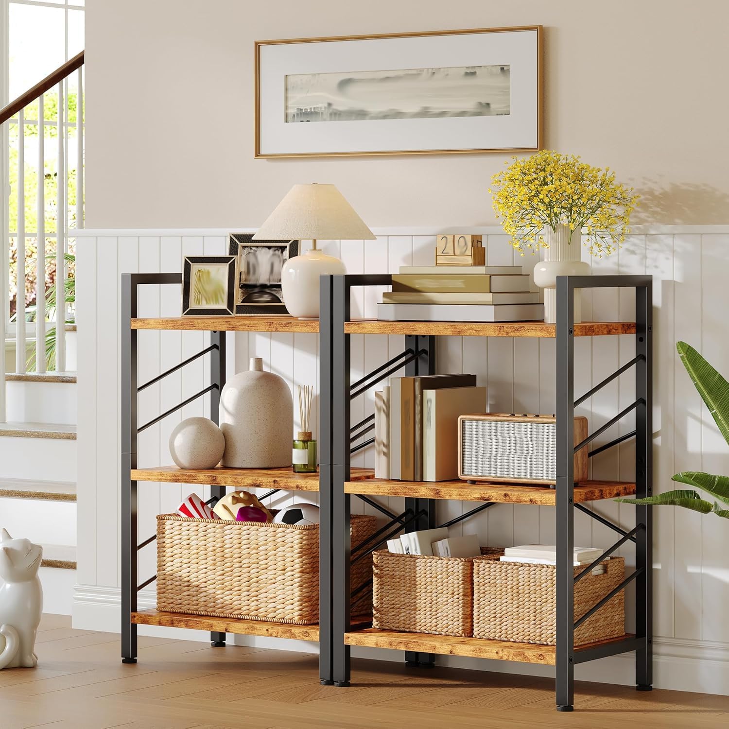 DurayLoly Book Shelf, Industrial 3 Tier Small Bookshelf, Bookcase with Metal Frame and Sidebars, Storage Shelves for Bedroom, Home Office and Living Room, Rustic Brown