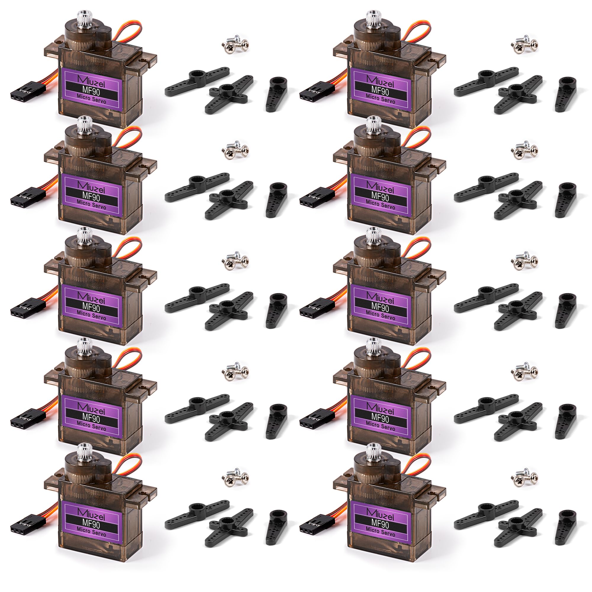 Miuzei Servo Motor Metal Gears Pack of 10 RC 9G Micro Servo 180 Degree Mini Motor for Arduino Model Making Robot Arm Aeroplane 1/10 1/8 Car Boat with Servo Cable Horn(10 Pieces)