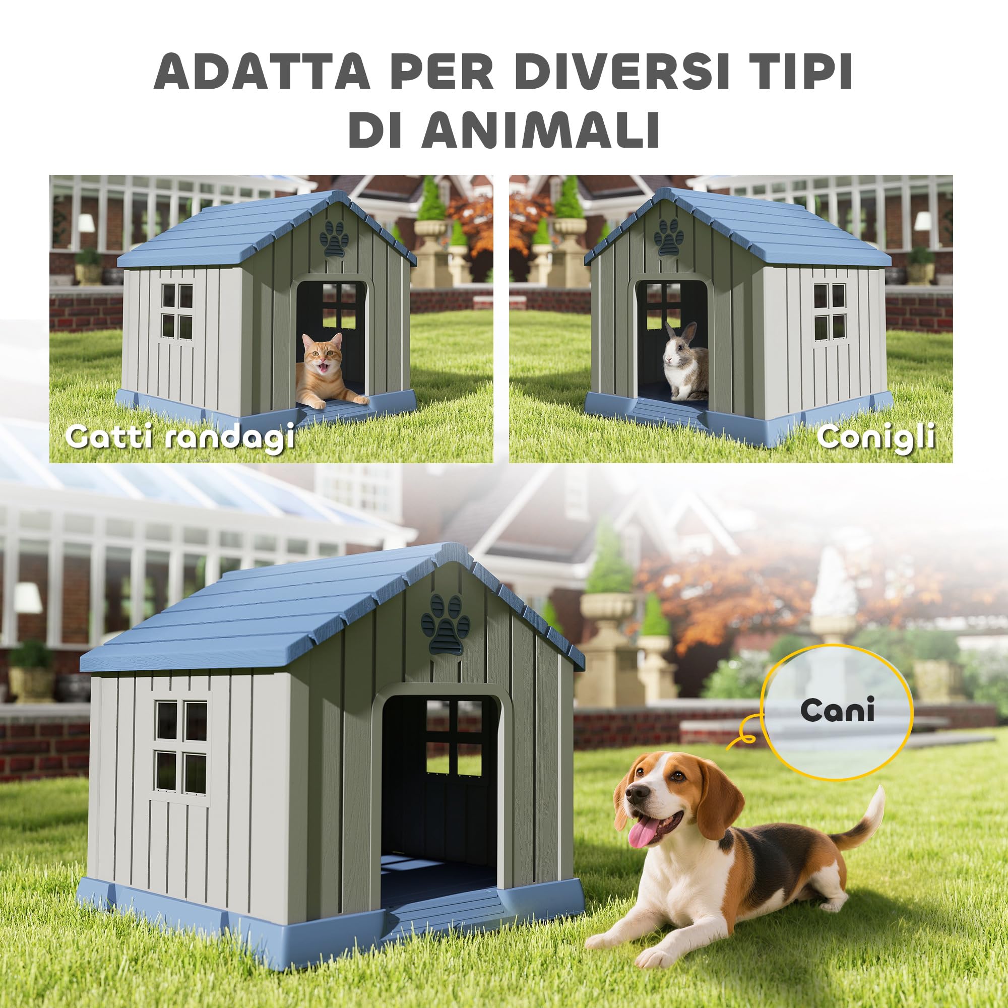 PawHut Cuccia per Cani in Plastica da Esterno Impermeabile Ventilato, Facile Montaggio, Casetta per Cani Taglia Media con Base Rialzato, Finestre e Tetto per Giardino, Patio, Casa, 85x79x82 cm, Grigio