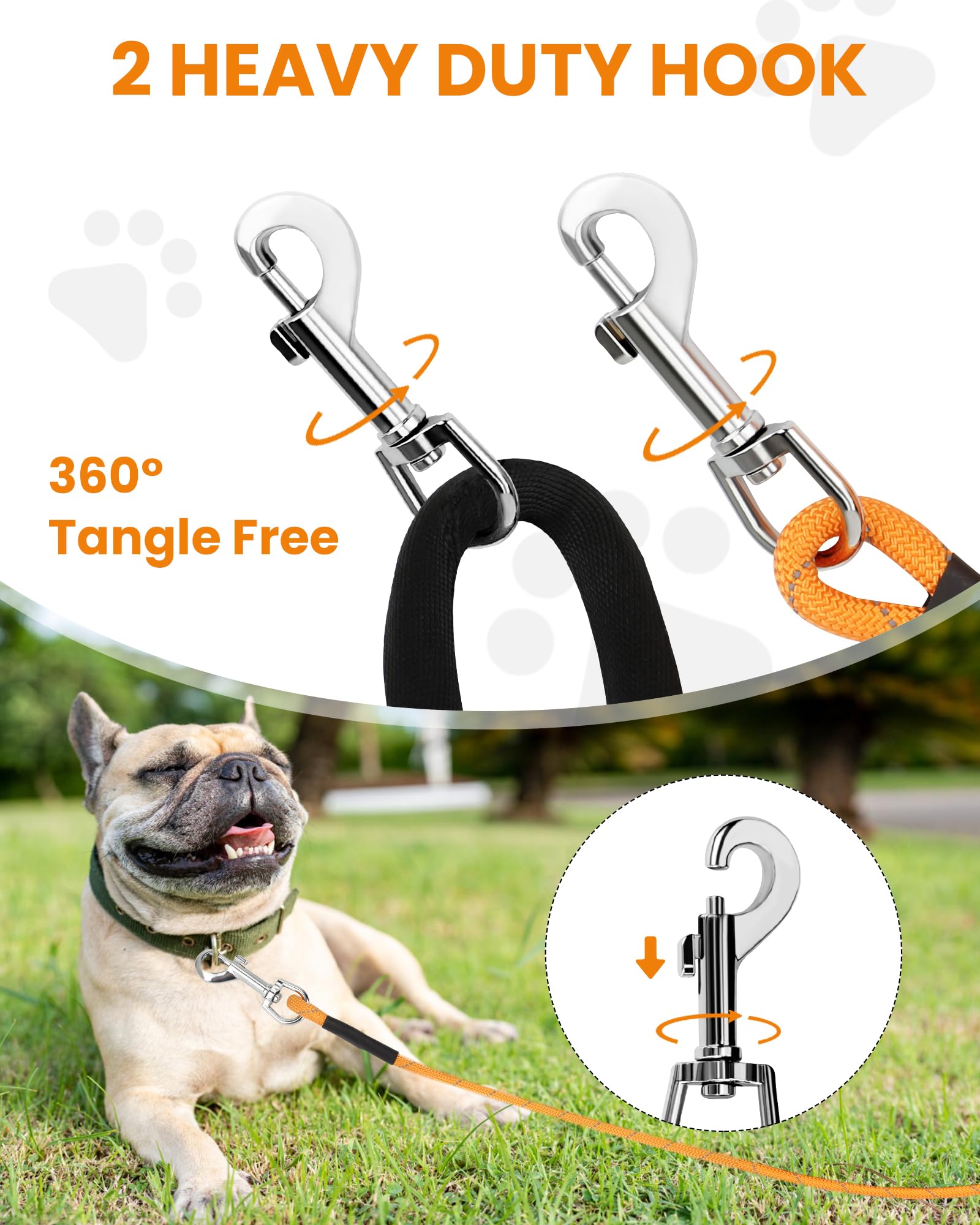 PETTOM Longe Chien 3m 5m 10m 15m 20m, Laisse Chien Longue avec 2 Mousquetons, Longe Corde d'attache Réfléchissante, 10m, Orange