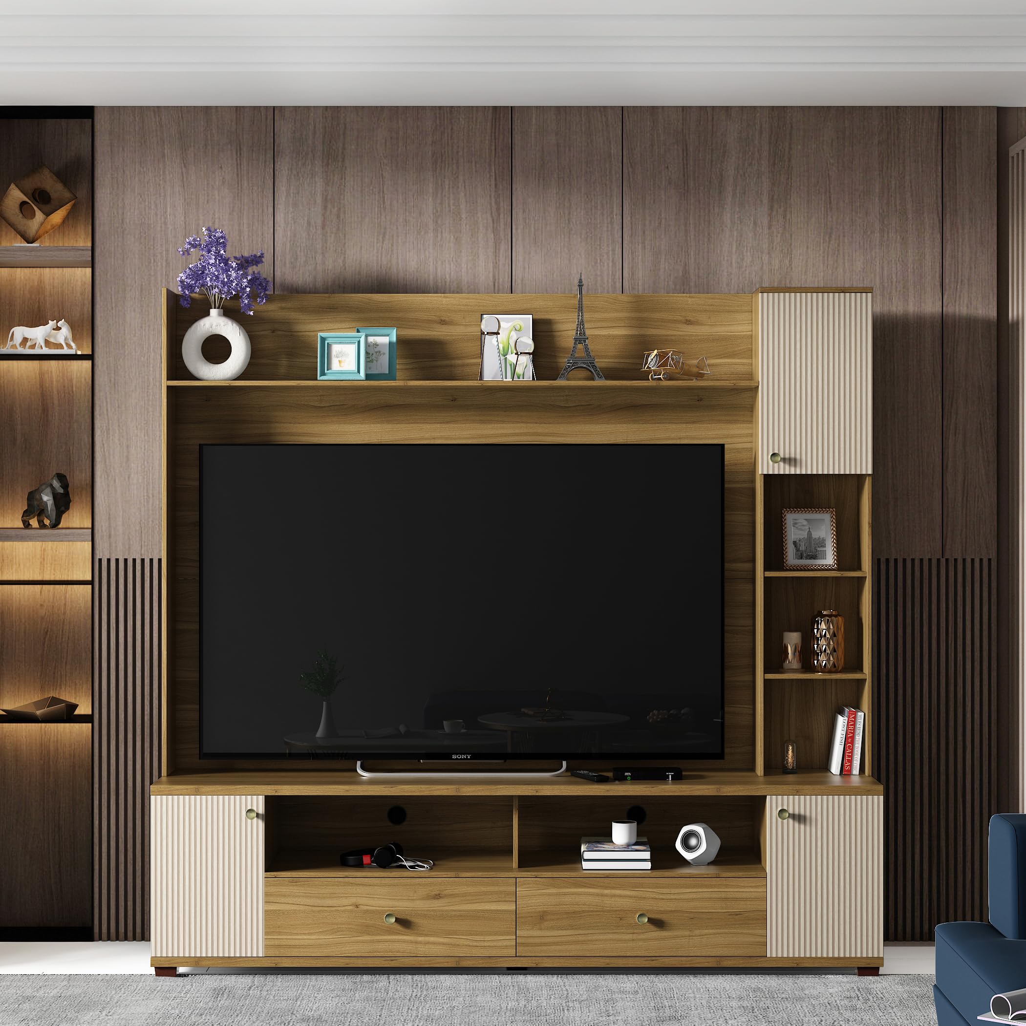 Spacewood TV Wall Unit | Vista | 3 Year Warranty |Wall Unit Freestanding, TV Unit | Large Size | Engineered Wood |Modern Design| Natural Teak-image-17