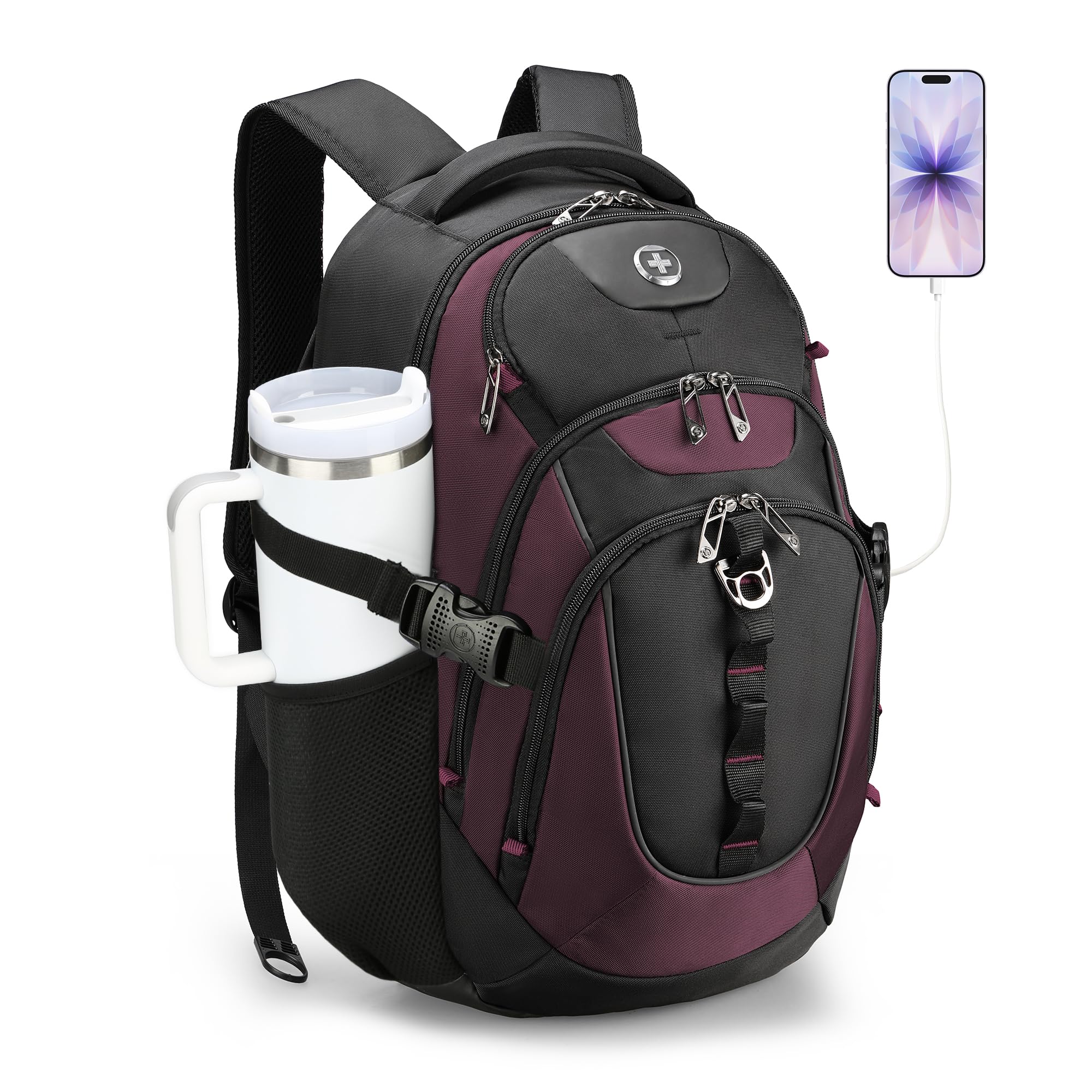 Swissdigital Design Laptop Backpack with USB Charging Port, Travel Backpack Fits 15.6 inches Computer, 31L College School Backpack for Women, Angola red/Black | SD803-44