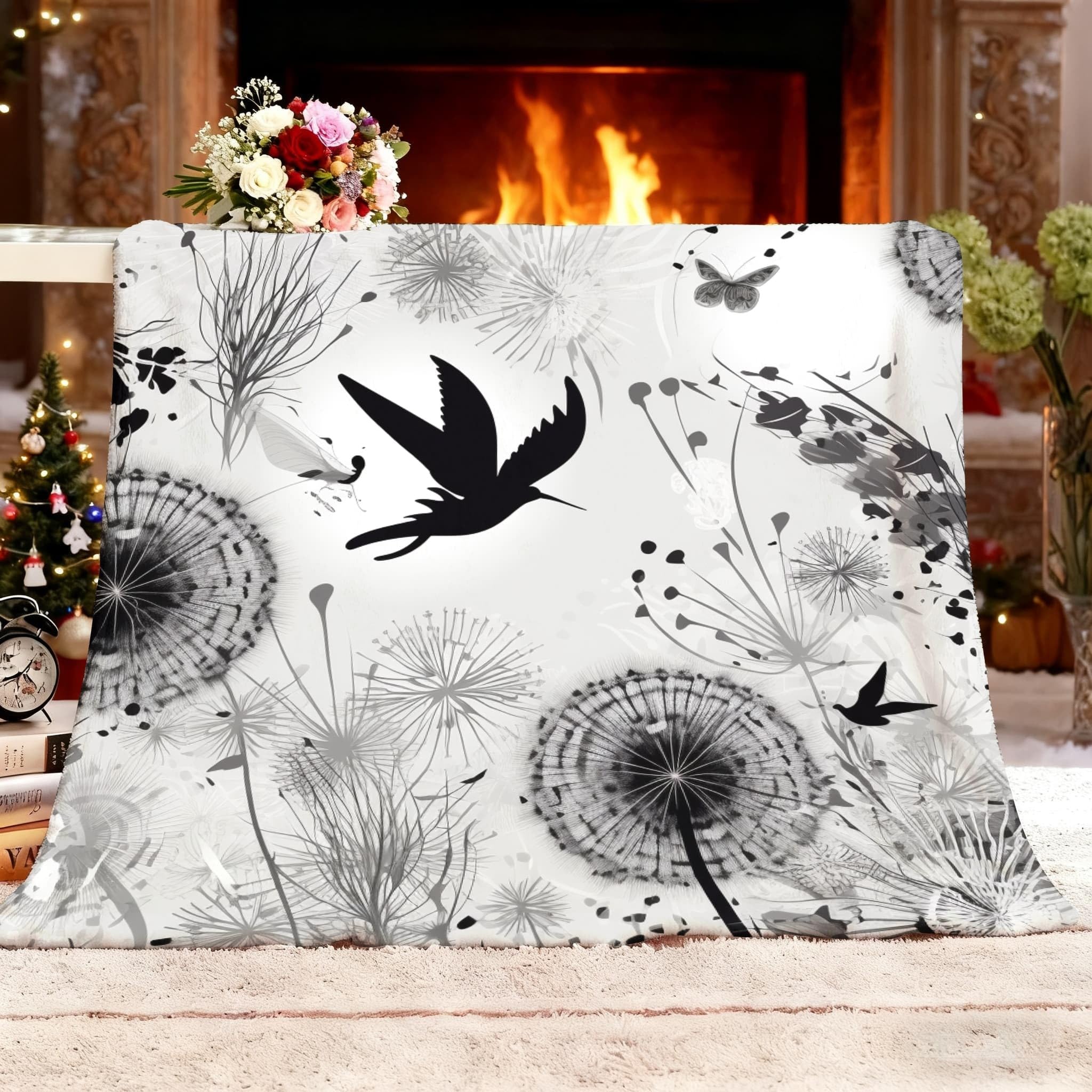 Kunst VöGel Dandelion, motyle, przytulny koc – szary, wełniany koc i koc polarowy, koc na sofę, miękki, ciepły, sztruksowy koc do pokoju, dekoracja mieszkania, przytulna narzuta XXL, 180 x 200 cm
