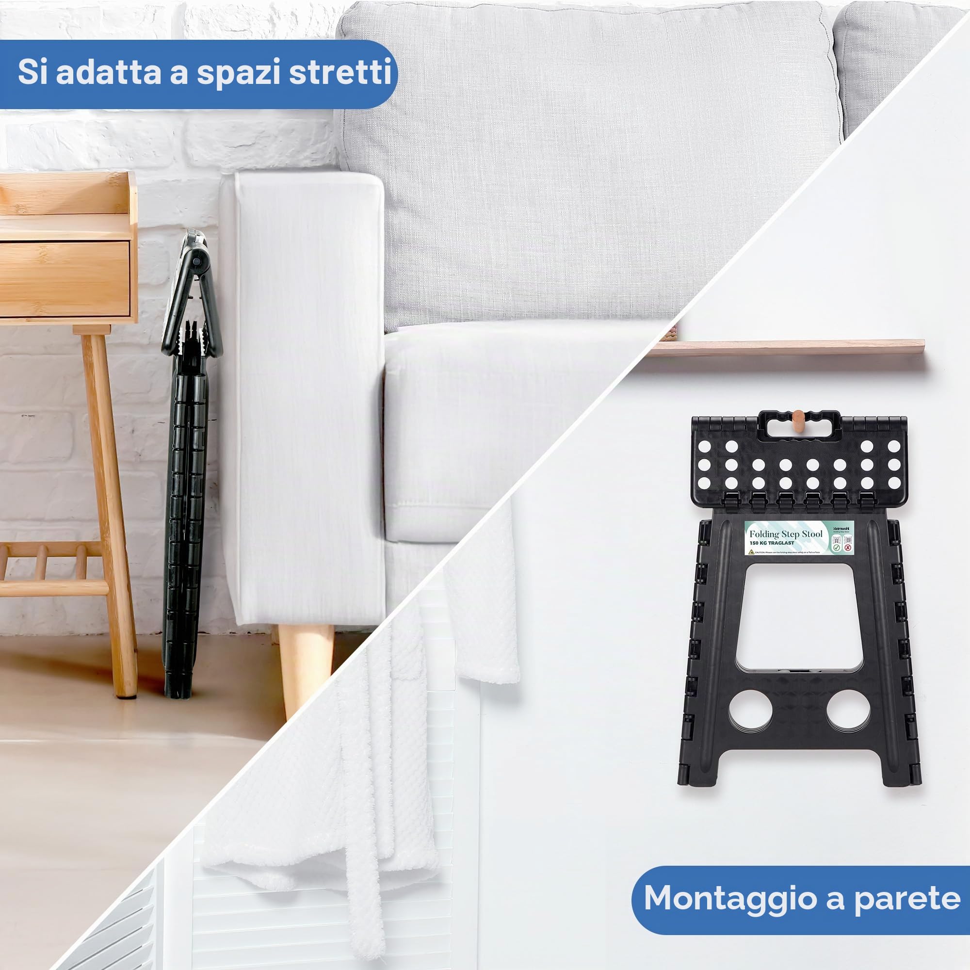 Sgabello pieghevole da 40 cm, nero 2025, con capacità di carico di 150 kg, sgabello pieghevole con blocco di sicurezza e manico girevole, ideale per casa, ufficio, esterno e cura