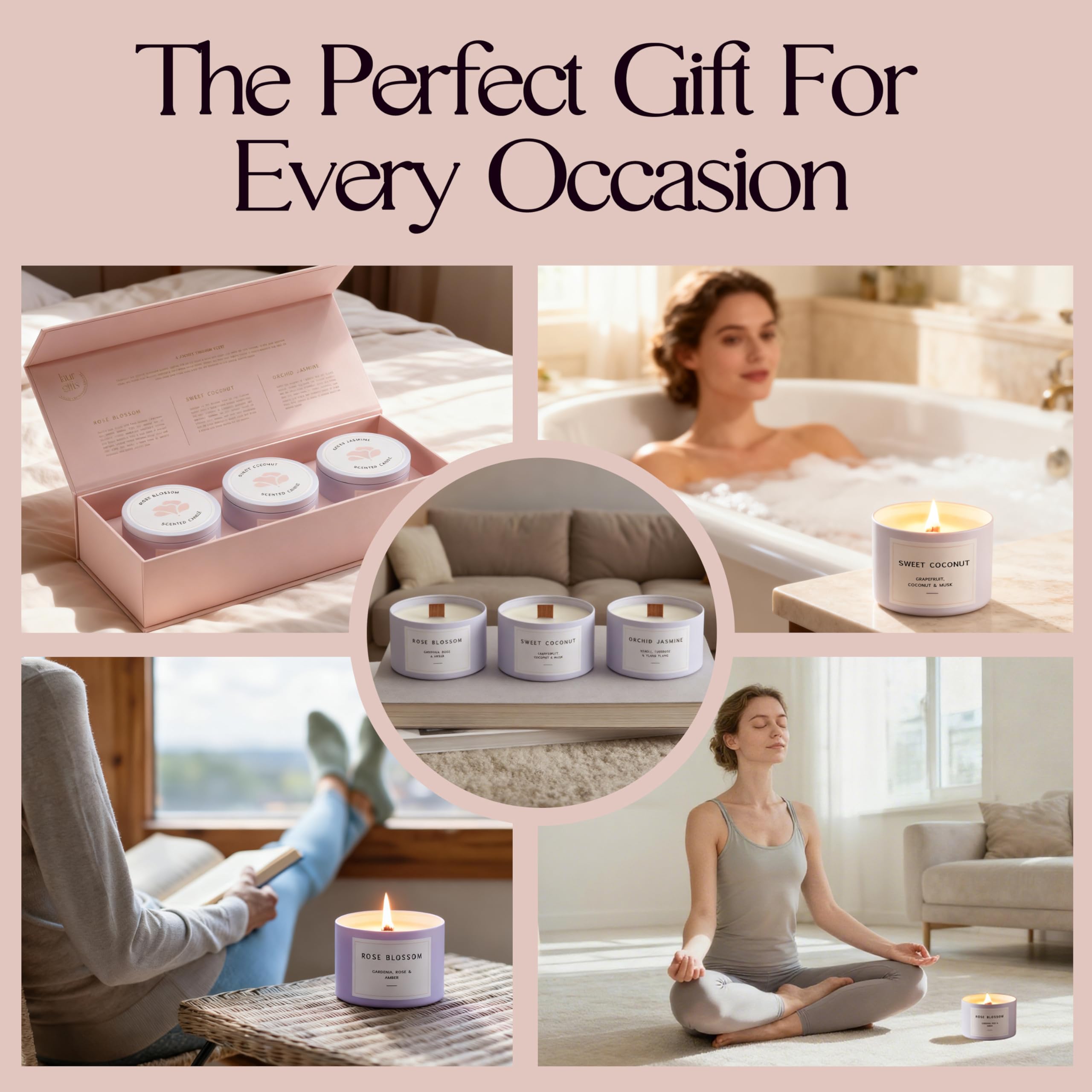 LaurGifts Duftkerzen Geschenkset - 3 Premium Floral Soja-Kerzen in luxuriöser rosa Box - Orchidee & Jasmin, süße Kokosnuss, Blütenrose - Entspannungsgeschenk für Frauen, Geburtstag, Spa & Zuhause