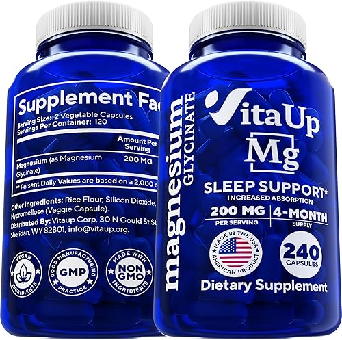 VitaUp Glicinato de magnesio 200 mg Bisglicinato de magnesio fabricado en Estados Unidos Alivio del estrés y corazón, músculo, metabolismo, apoyo