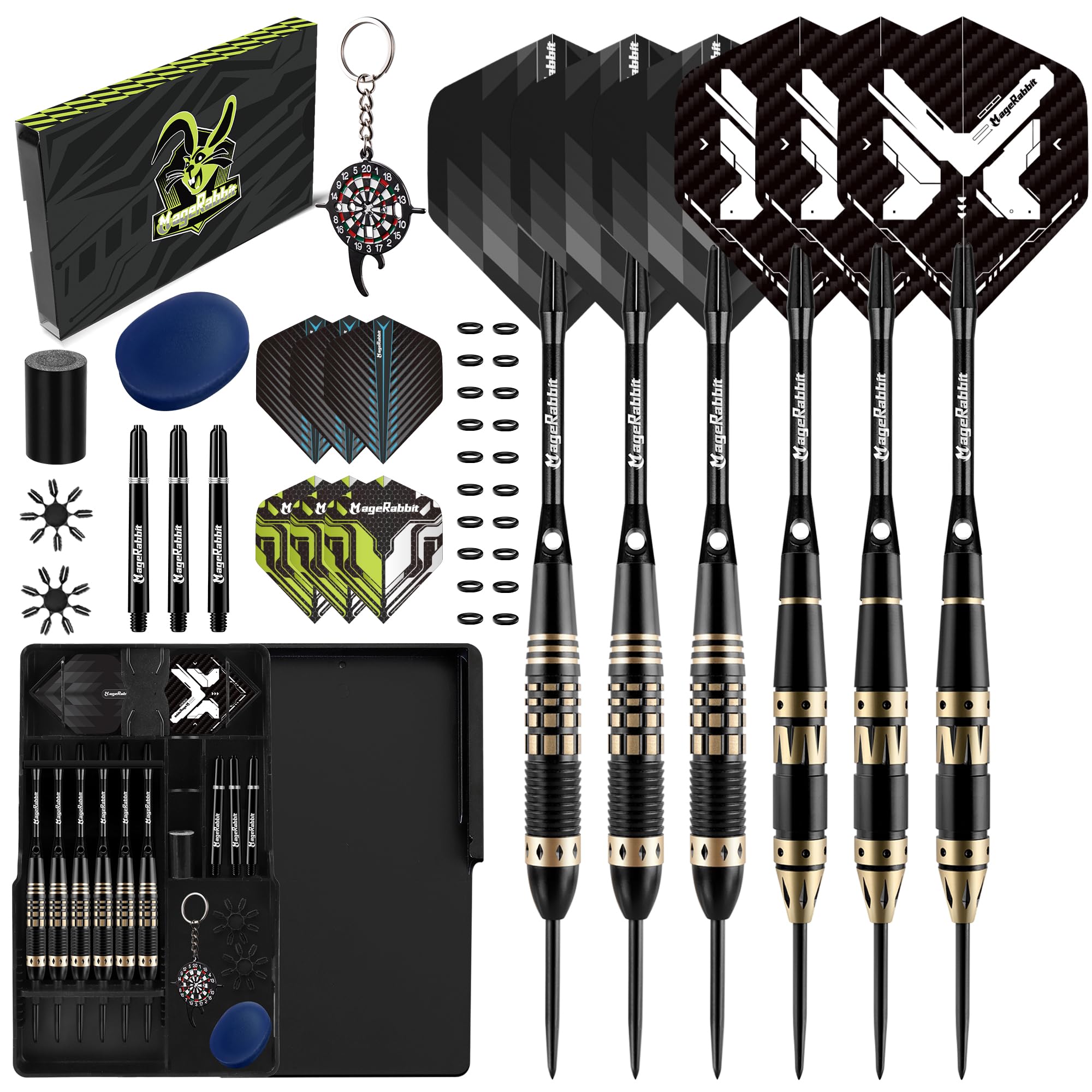 MageRabbit Metal Tip Dart Set 6pcs, Professional Steel Darts with 9 Dart Shafts, 12 Dart Flights, O-Rings and Dart Case (Aluminium)
