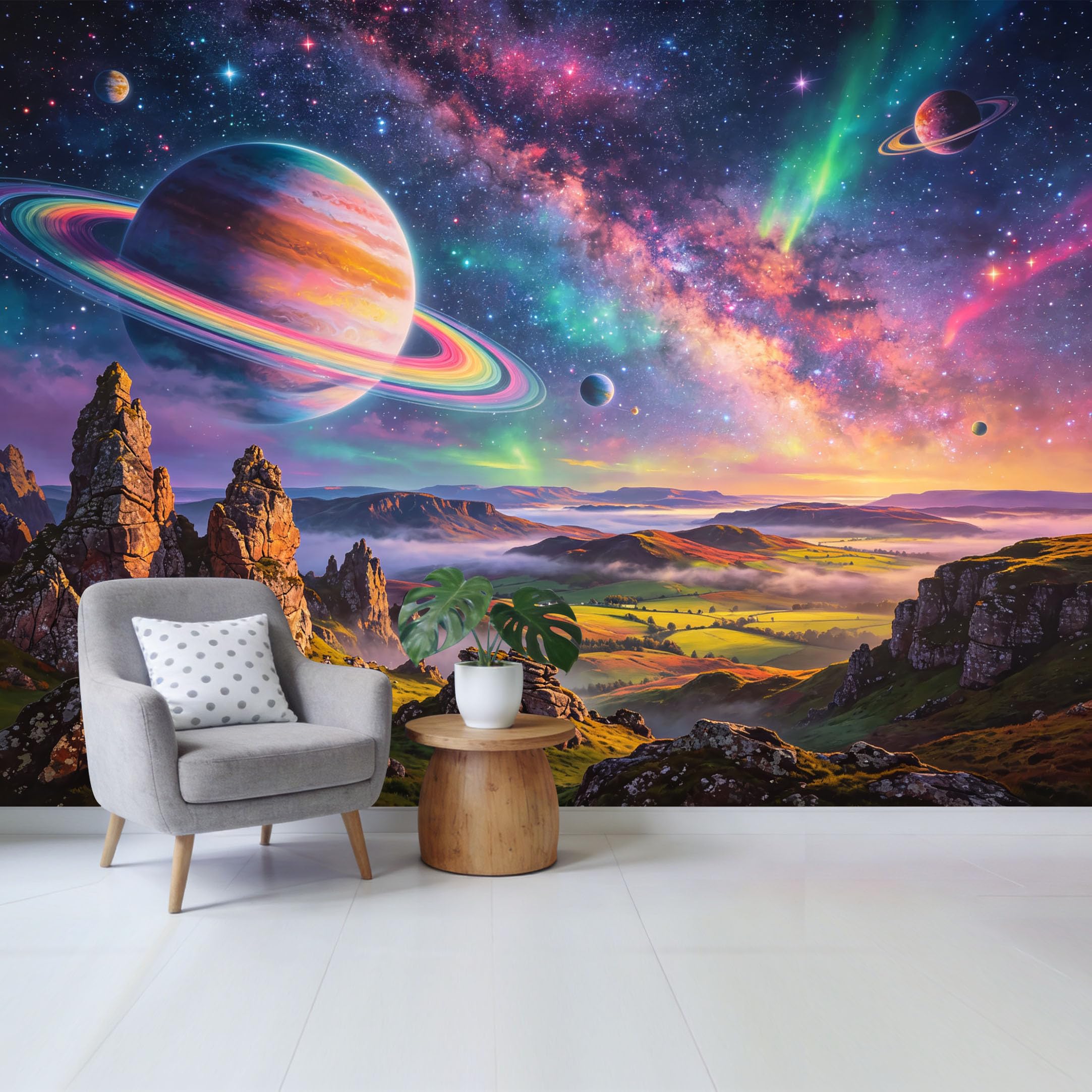 Custom Size Wall Mural Cosmic Landscape Aurora Galaxy Sky Planet Rings 3D Fantasy Space Horizon Removable Self Adhesive Fabric Home Wall Decor for Living Room Bedroom Bathroom