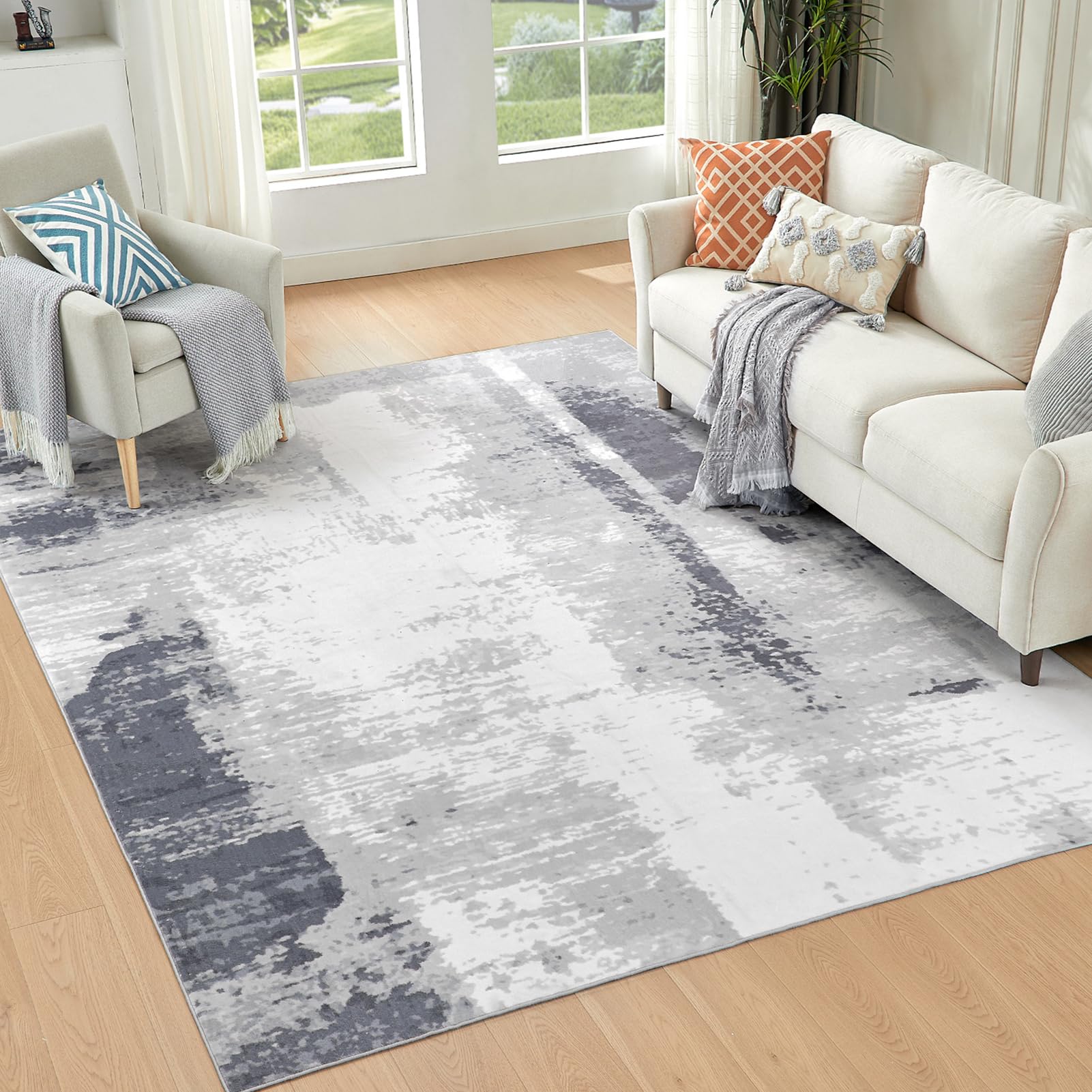 Washable Rug Modern Area Rug 5'x7' Low Pile Bedroom Rug, Thin Living Room Rug with Non Slip Backing No Shedding Large Area Rug Lightweight Abstract Machine Washble Rug for Home,Grey