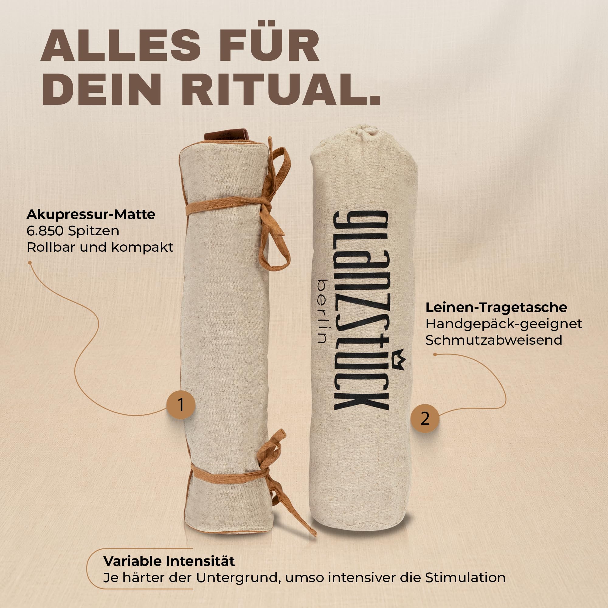 Glanzstück Berlin® Akupressurmatte To Go – rollbare Matte in voller Größe für zu Hause & unterwegs, mit Blütenspitzen & Leinentasche | Designed in Berlin