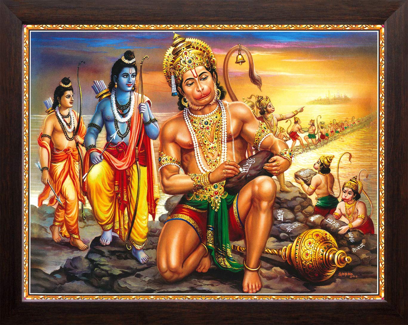 Art n Store: Lord Ram, Laxman, Hanuman & Vanar Sena Making Ram Setu Bridge HD Printed Religious & Wall Decor Poster Painting with Plane Wood Frame (30 X 23.5 X 1.5 cm_ Brown Wood)