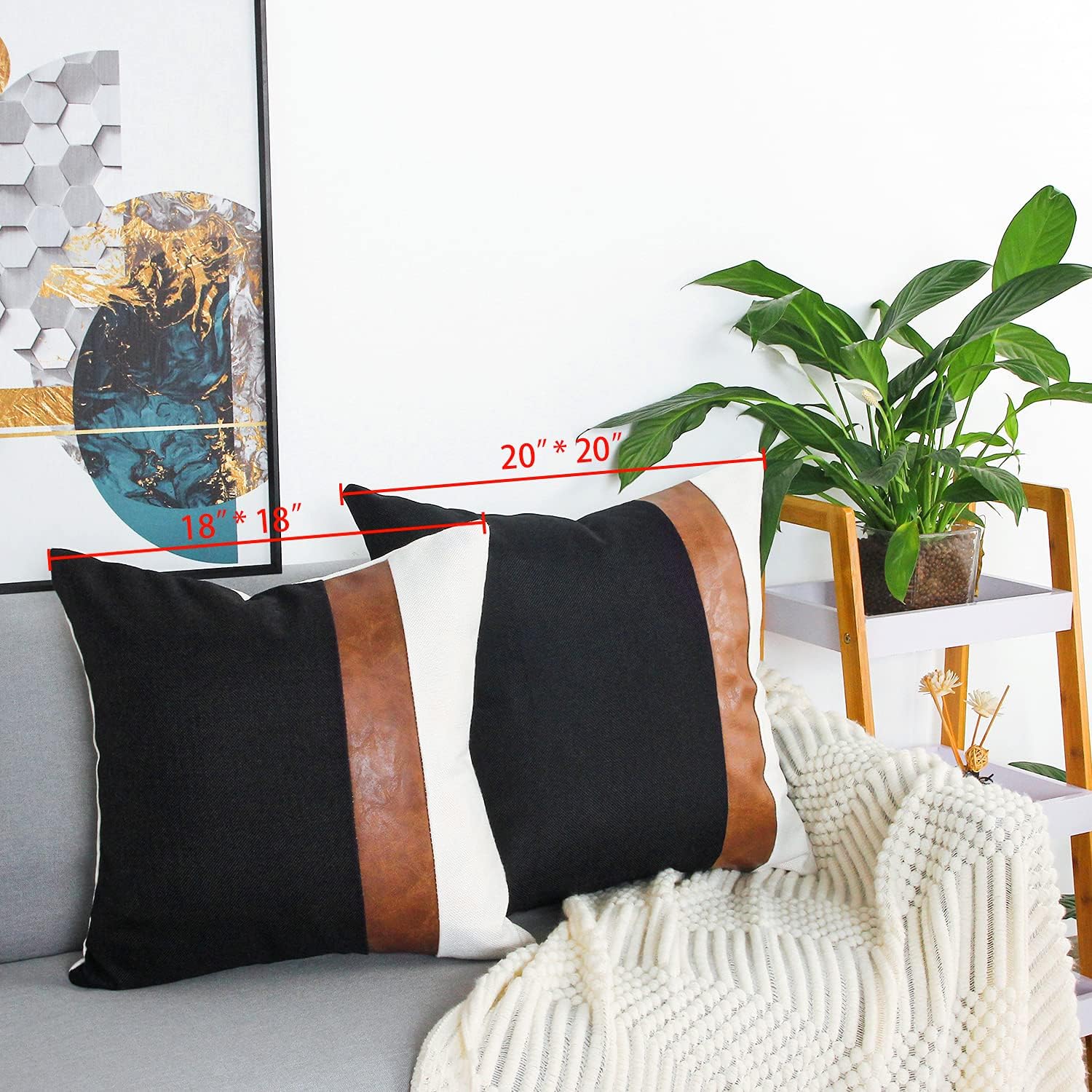 cygnus Set of 2 Faux Leather and Linen Throw Pillow Covers 20x20 Inch Black and White Modern Decorative Accent Cushion Covers for Couch Sofa