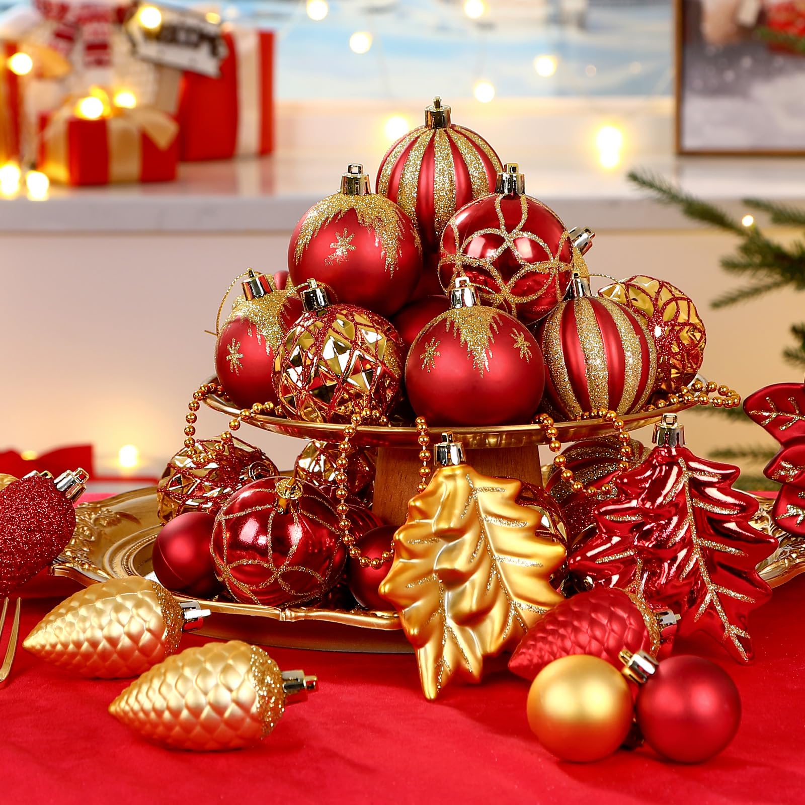 SHareconn 2025 Nuovo set di ornamenti di 106pcs Baubles di Natale, Baubles decorativi di plastica infrangibile per decorazioni dell'albero di Natale, Rosso rubino E Oro