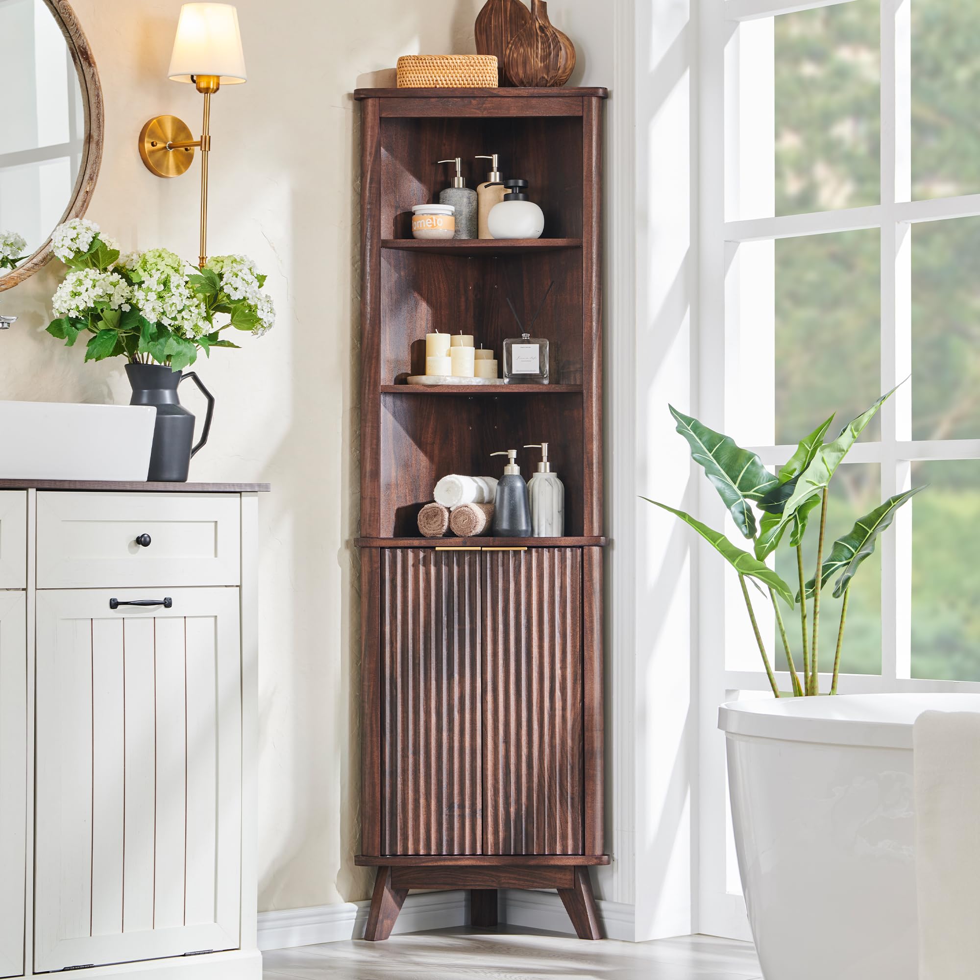 RedLemon 68" Tall Corner Cabinet, Modern Fluted Storage Cabinet with Adjustable Shelves, Curved Profile Design, Space Saver for Bathroom, Living Room, Kitchen, Walnut