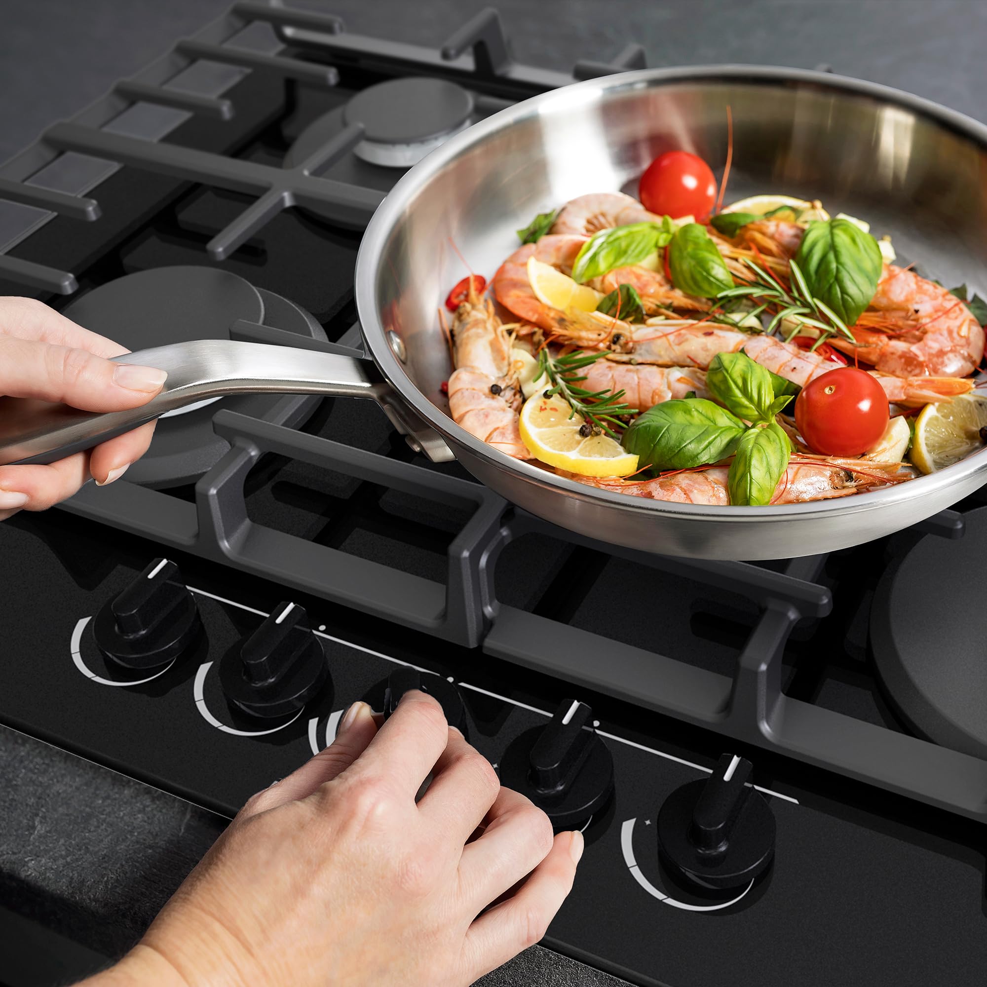 Hisense GG773B - Placa de Gas 5 Zonas, 1000W, Fondo 52cm, 5 Quemadores de Gas, Soporte de Hierro Fundido, Encendido con una mano, Quemador Wok, Superficie de fácil limpieza, Cristal Negro