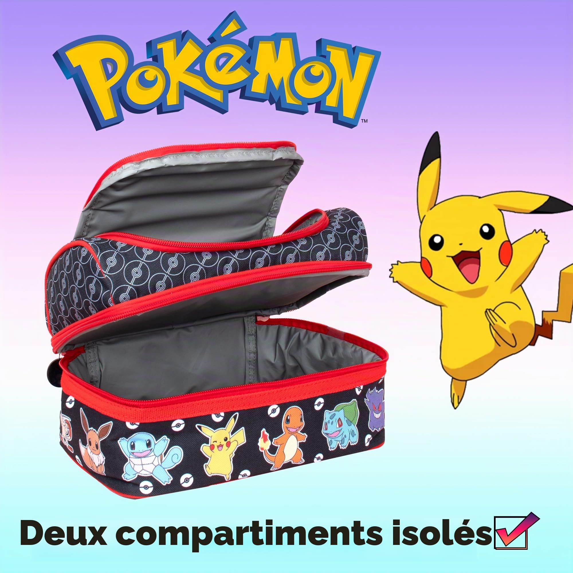 Pokémon Sac à déjeuner multi-compartiments pour enfants, isolation thermique, à double étage, pour garçons