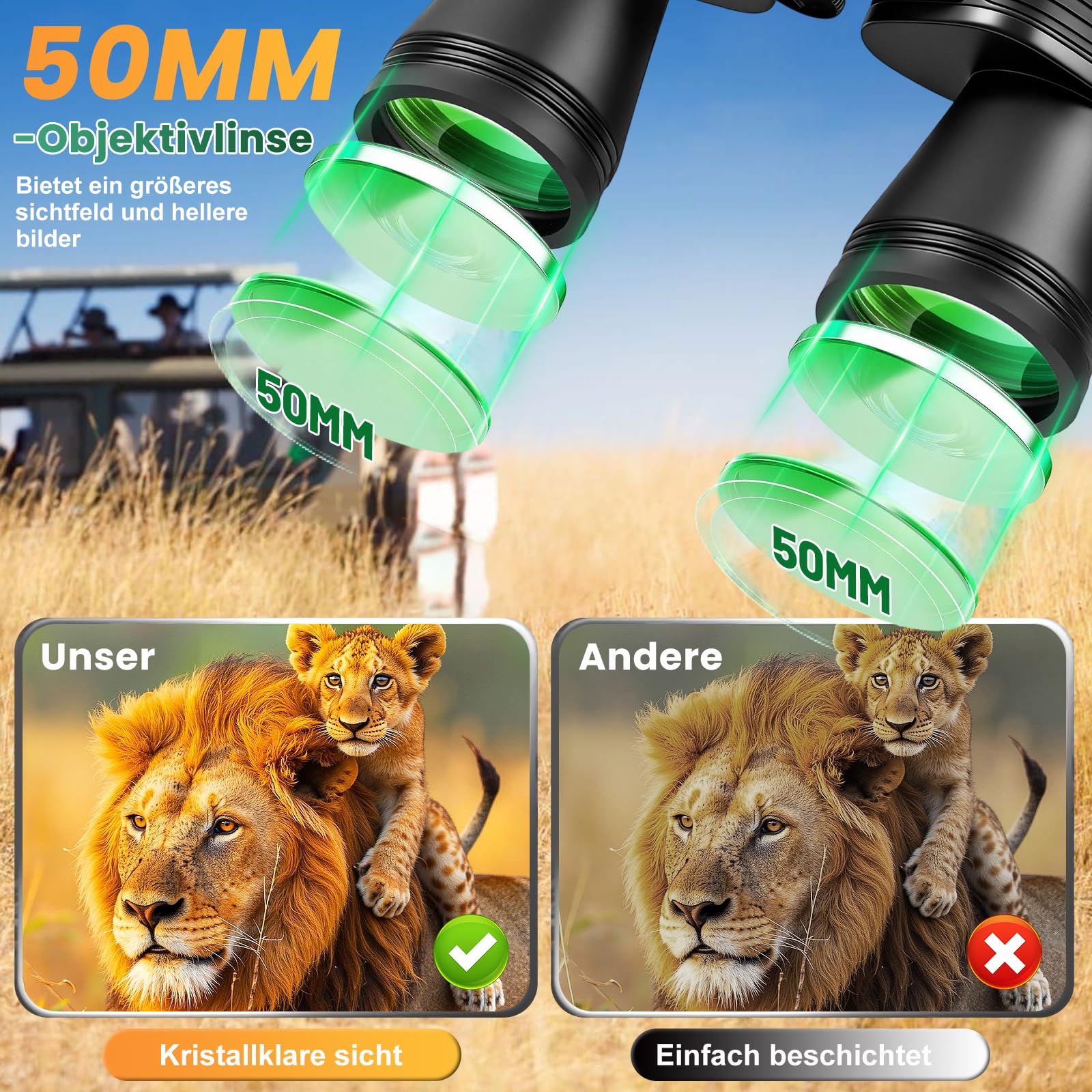Fernglas 20X50 HD Kompakt Ferngläser Erwachsene Wasserdicht für Vogelbeobachtung, Jagd, Wandern,Konzert Sport im Freien,Fernglas mit BAK4 HD Prisma + FMC Objektiv, auch Brillenträger