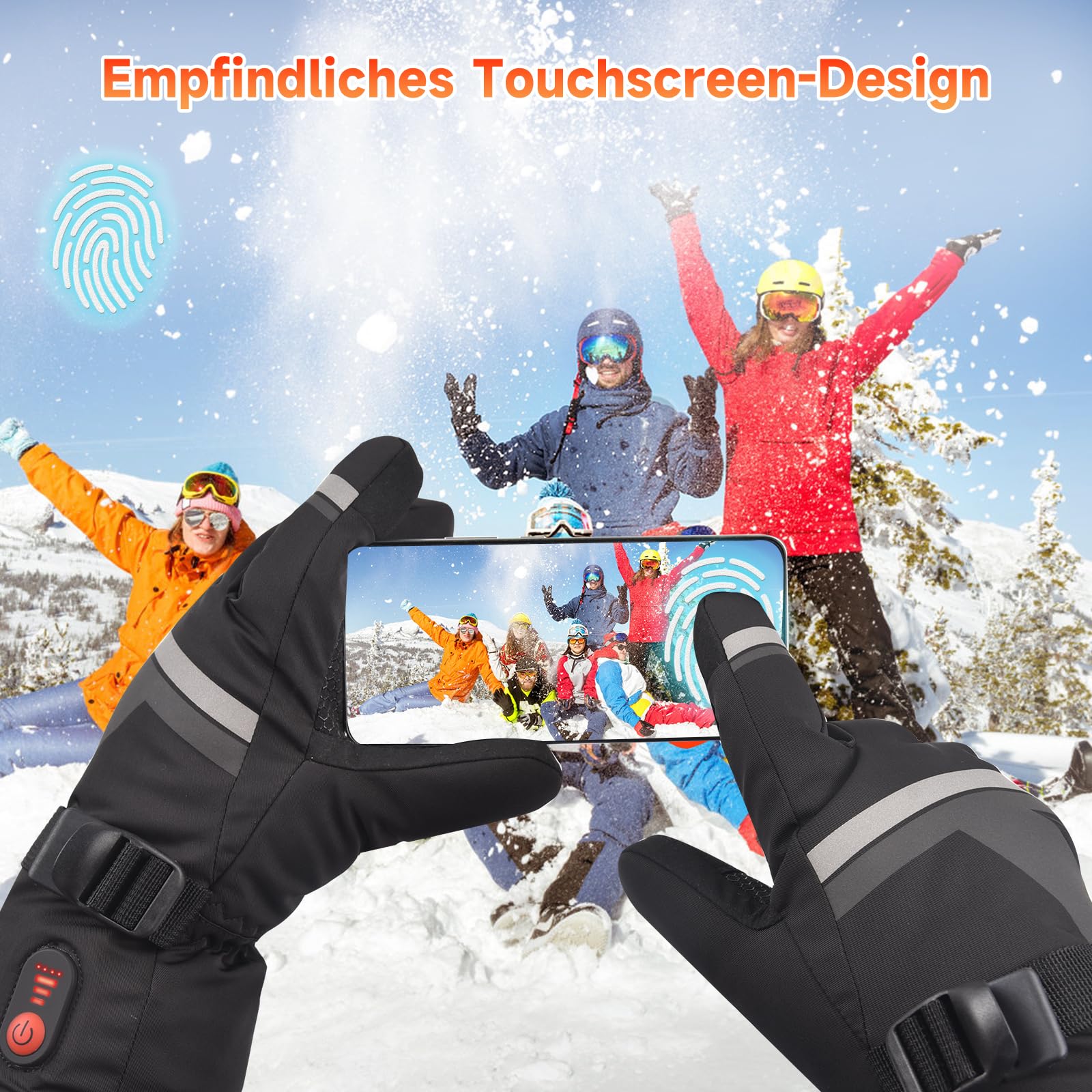 Beheizbare Skihandschuhe mit 7.4V 6400 mAh Akku, 3 Heizstufen, Winterhandschuhe für Skifahren Radfahren Motorrad