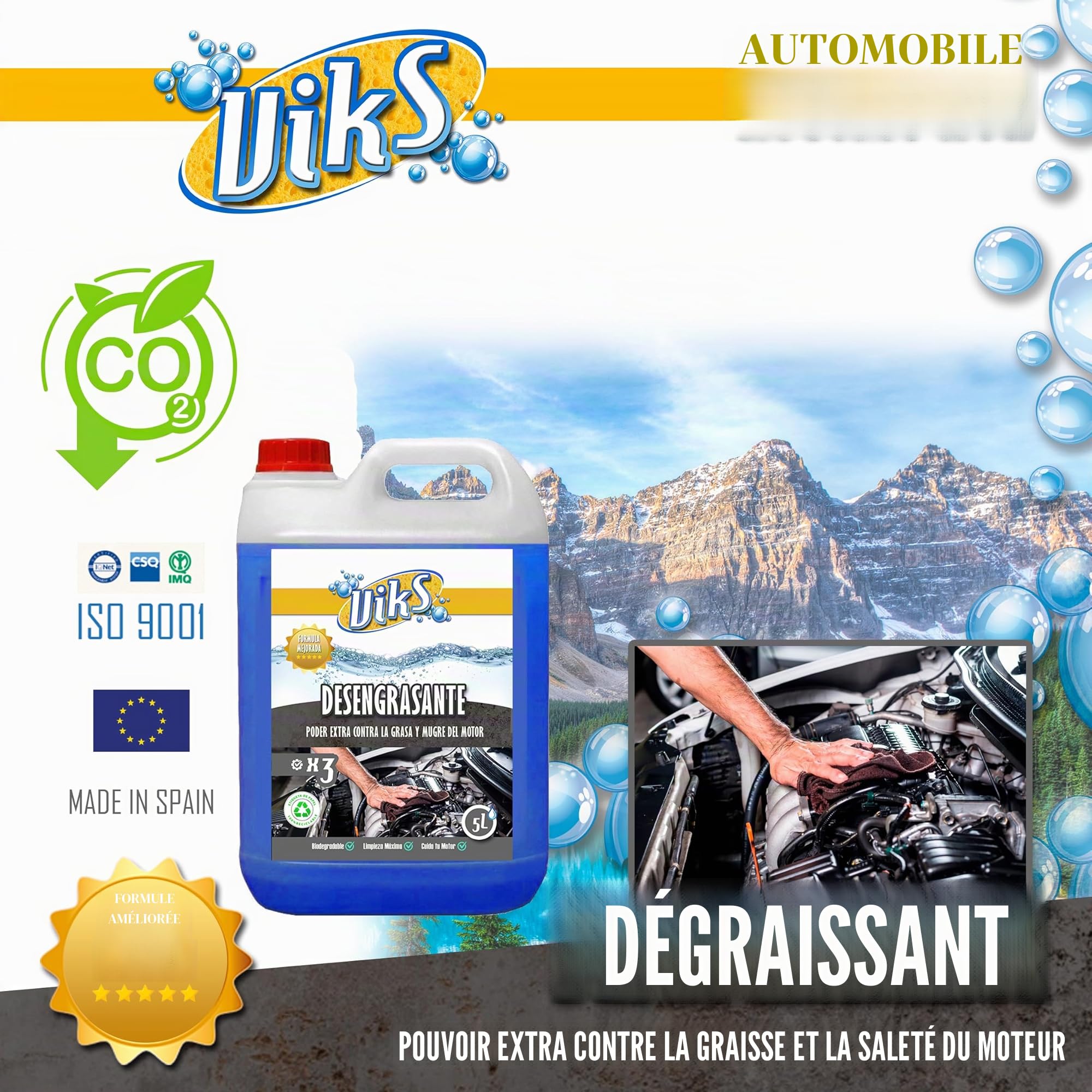 Viks | Dégraissant moteur concentré biodégradable | Nettoie et protège les moteurs et leurs pièces | Élimine la saleté accumulée sans dommage et redonne de la brillance | 5L