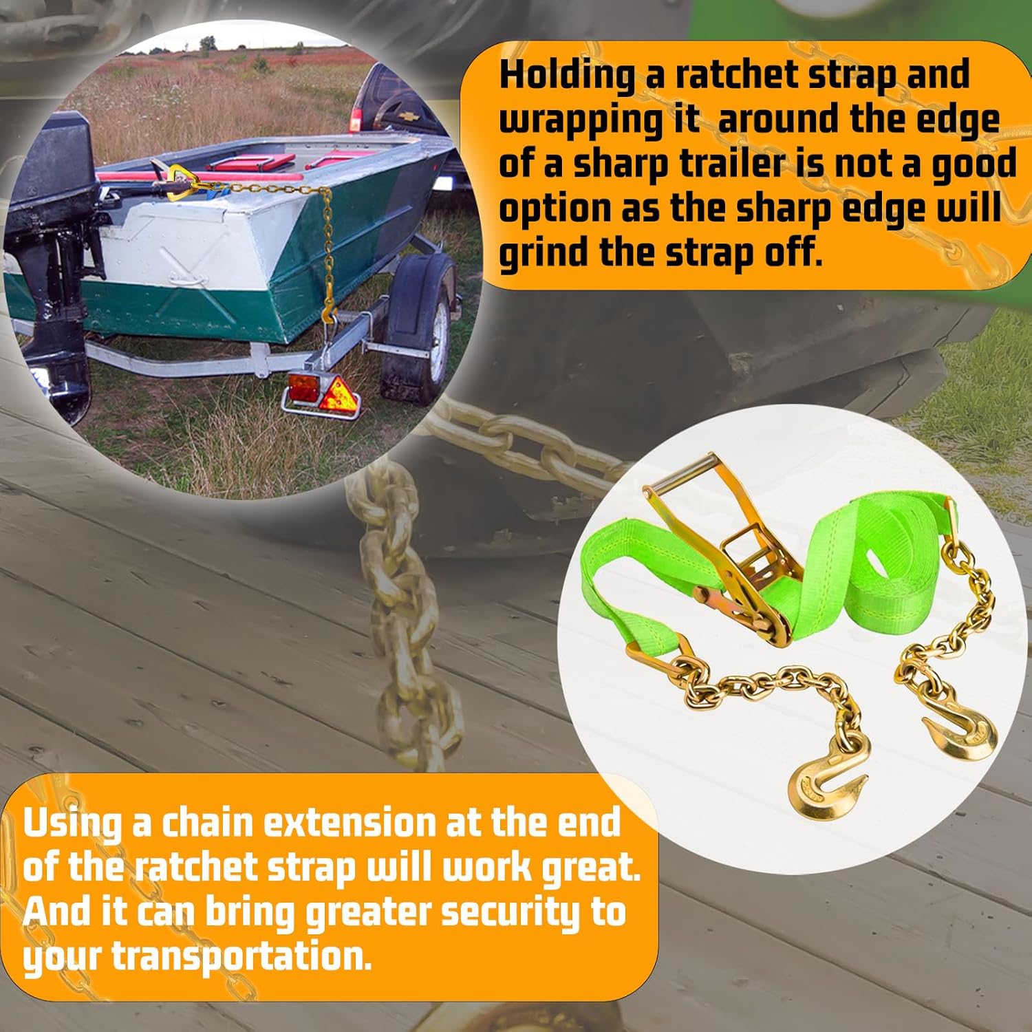 Trailer Chain Extension | 5/16" Ratchet Tie Down Straps with Grab Hooks | 4700 Lbs WLL Zinc-Coated Hooks | Heavy Duty Axle Tire Straps Over The Wheel for Trucks