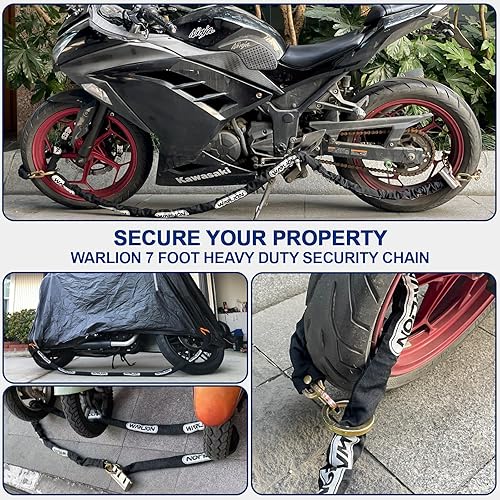 Miniatura 6 de WARLION Cadena de seguridad resistente, 7 pies x 38 pulgadas de grosor, 9 libras, cadena de motocicleta antirrobo y a prueba de cortes con anillo de