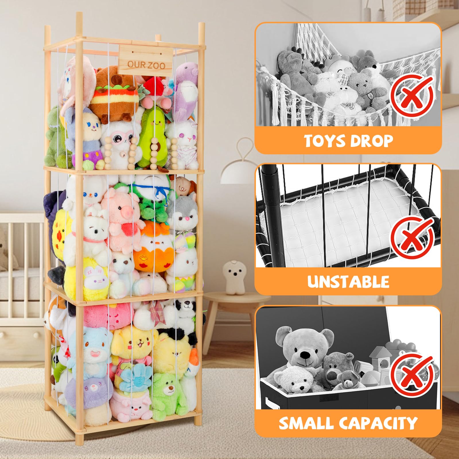 Rangement Peluche Chambre Enfant Range Peluche en Bois Rangement Doudou Grande Capacité Meuble Rangement Jouet Enfant Adapté au Salon et à la Chambre à Coucher Coffre a Jouet