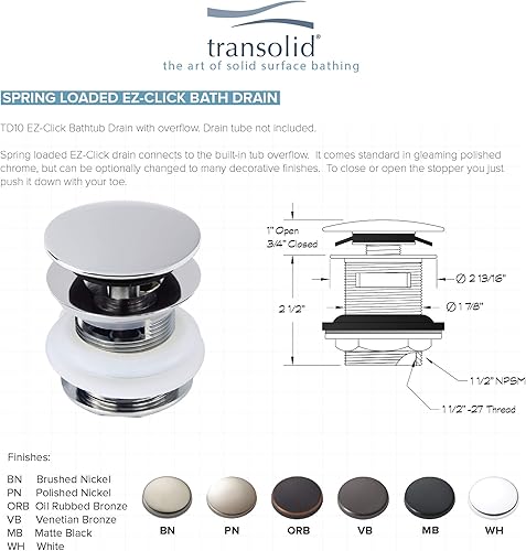 Miniatura 9 de Transolid SSH7236-01 Bañera independiente de karité, 72 x 36 x 20 pulgadas, color blanco