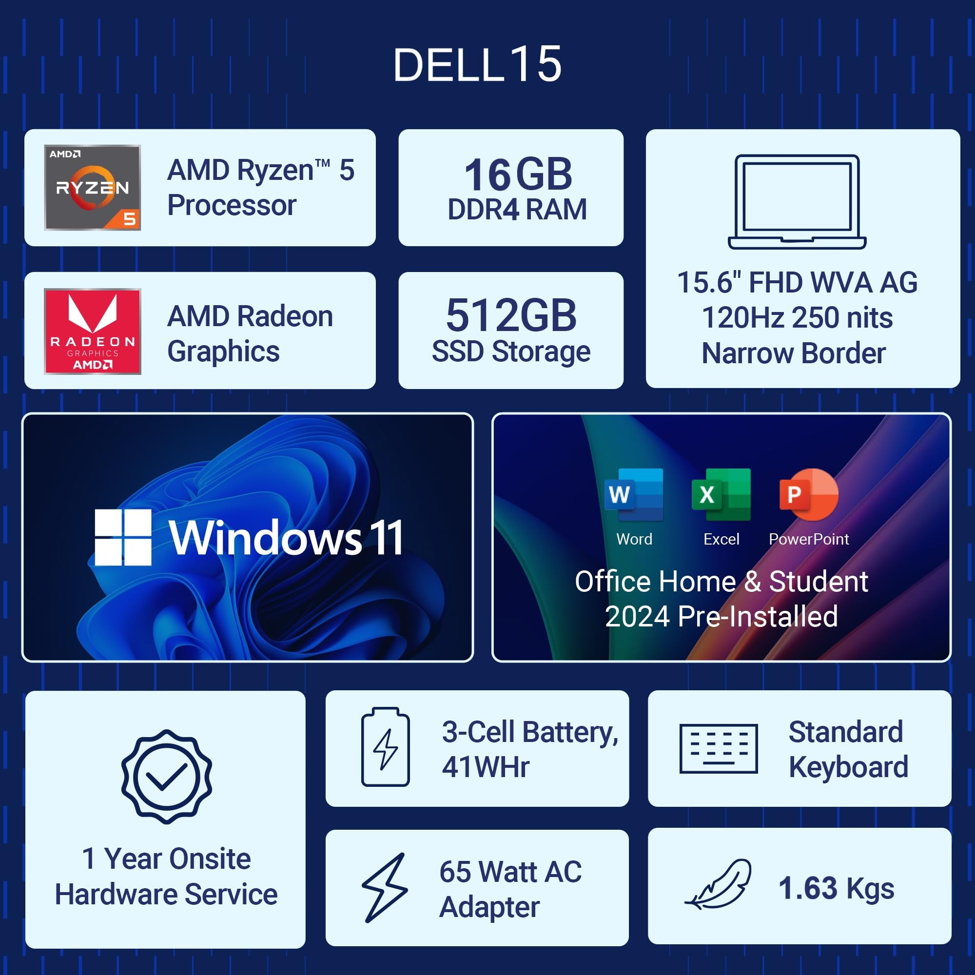 Dell 15, AMD Ryzen 5-7530U, 16GB RAM, 512GB SSD, FHD IPS, 15.6
