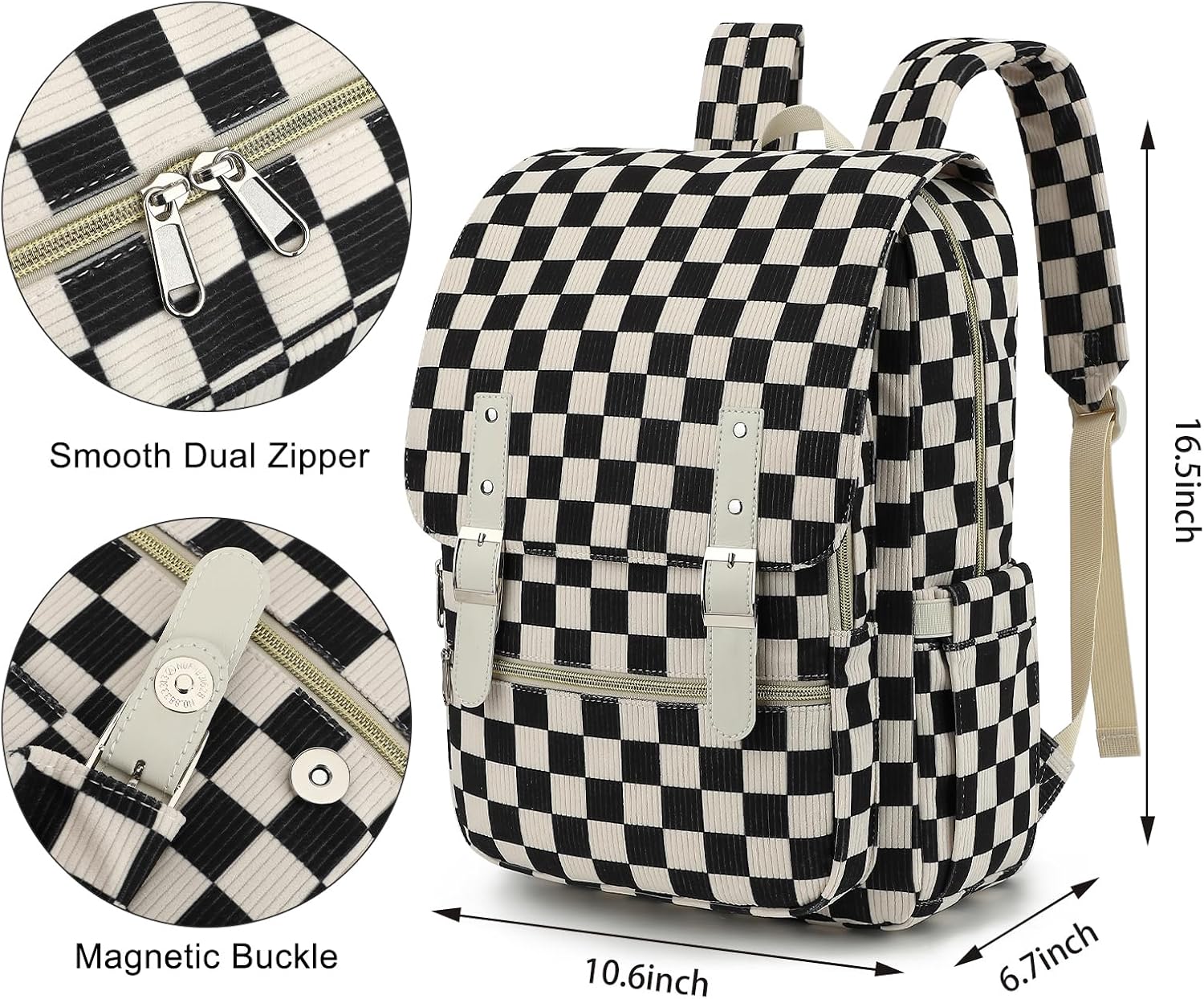 Corduroy Travel Backpack for Women, 15.6 Inch College Laptop Backpack, Fashion School Bookbag Work Backpacks (Corduroy Checkered Black)