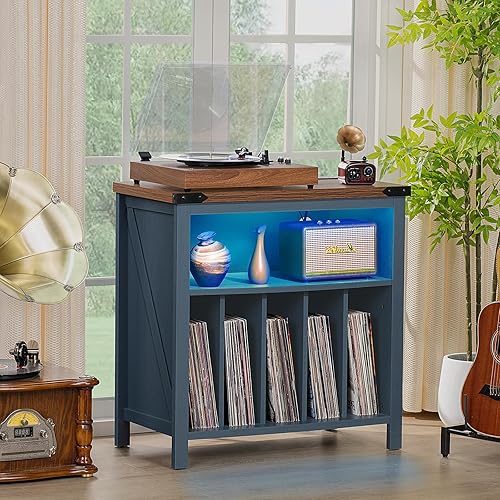 Miniatura 2 de Mesa grande para tocadiscos con estación de carga y luces LED, armario de almacenamiento de discos de vinilo azul con capacidad para hasta 230