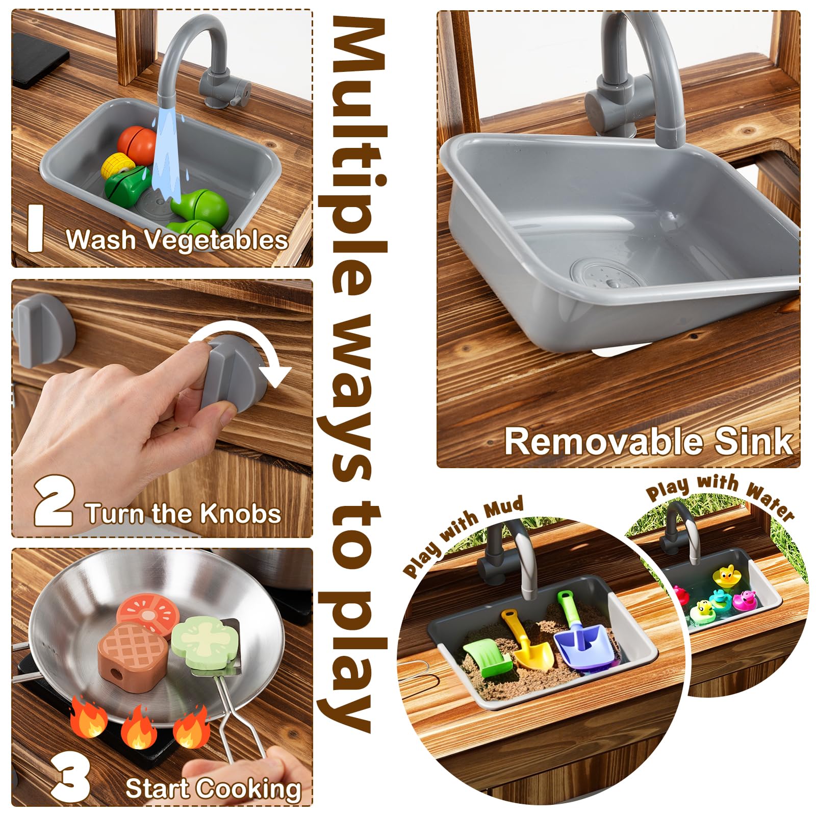 HOMASIS Cuisine d'extérieur en bois, cuisine jouet pour enfants combine cuisine et jardin, cuisine éducative avec tableau blanc, panneaux acryliques, évier et robinet pour enfants à partir de 3 ans