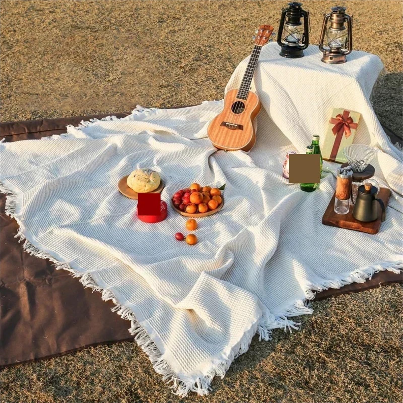 Couverture de pique-nique tricotée, tapis de pique-nique portable, voyage, randonnée, nappe, tapis doux, couverture de canapé, couverture d'extérieur pour jardin (180 x 300 cm) (blanc 180 x 180 cm (ca