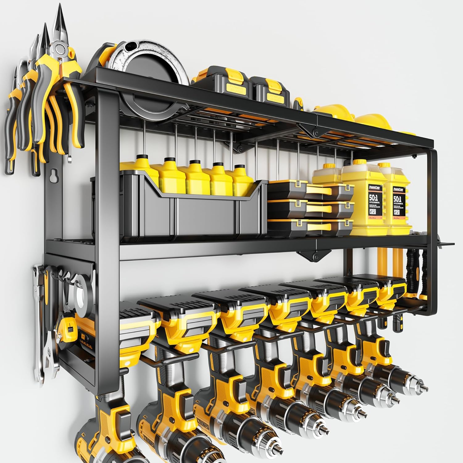 Power Tool Organizer Wall Mount – 300Lbs Load 3 Layers Storage Rack with 7 Drill Holders for Drills Cordless Tools. Heavy Duty Iron Garage Tool Organizer Storage for Workshop Shed Pegboard Basement