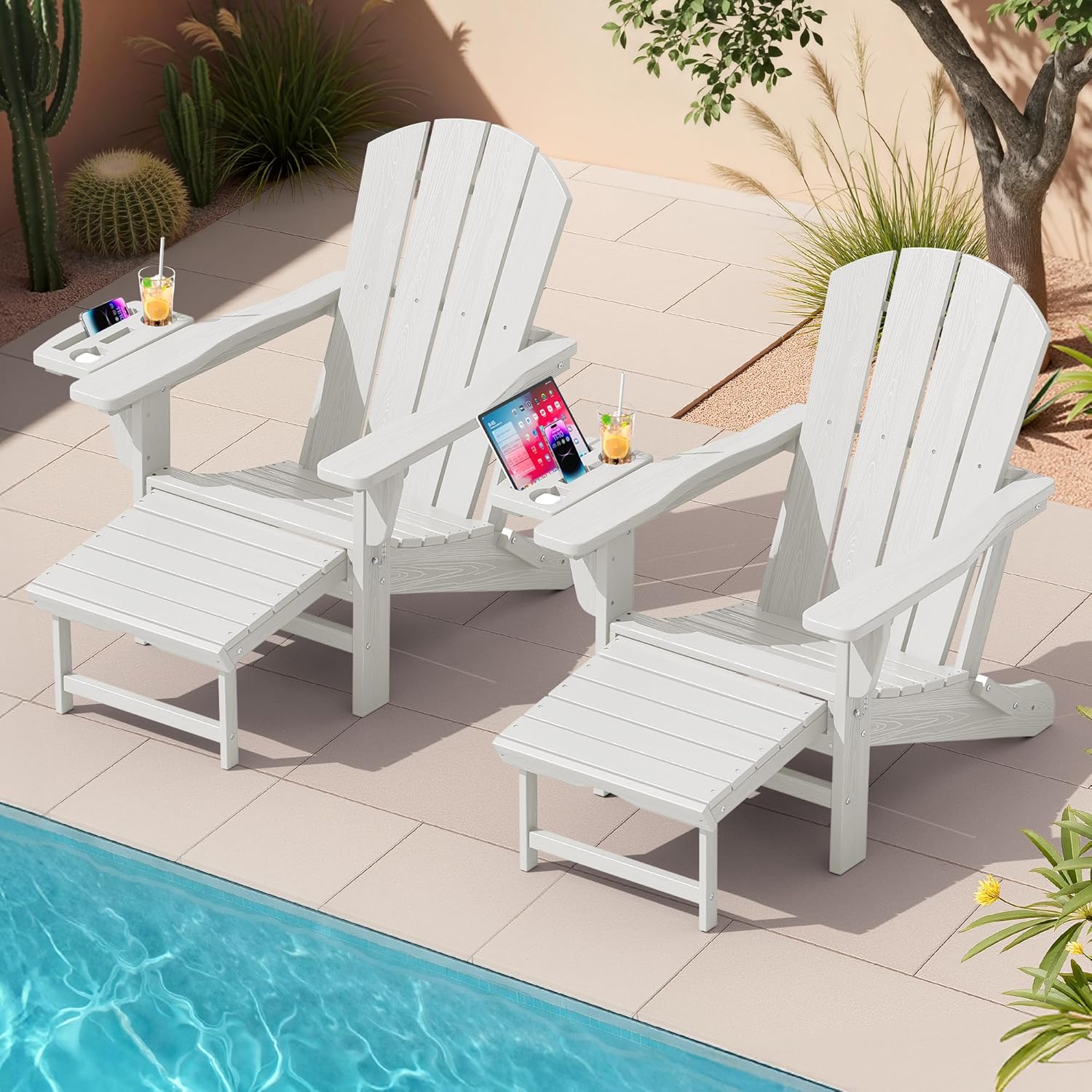 KINGYES Adjustable Folding Adirondack Chair with Footrest & 4-in-1 Multi-Functional Armrest Organizer Set of 2, HDPE Foldable Reclining Adirondack Chair with Pull-Out Ottoman, White