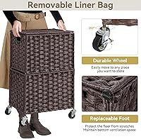Vista 5 de Chrislley - Cesta de ropa delgada de 90 L con ruedas, canasta de lavandería con tapa y bolsa interior renovable, organizador de ratán tejido a mano