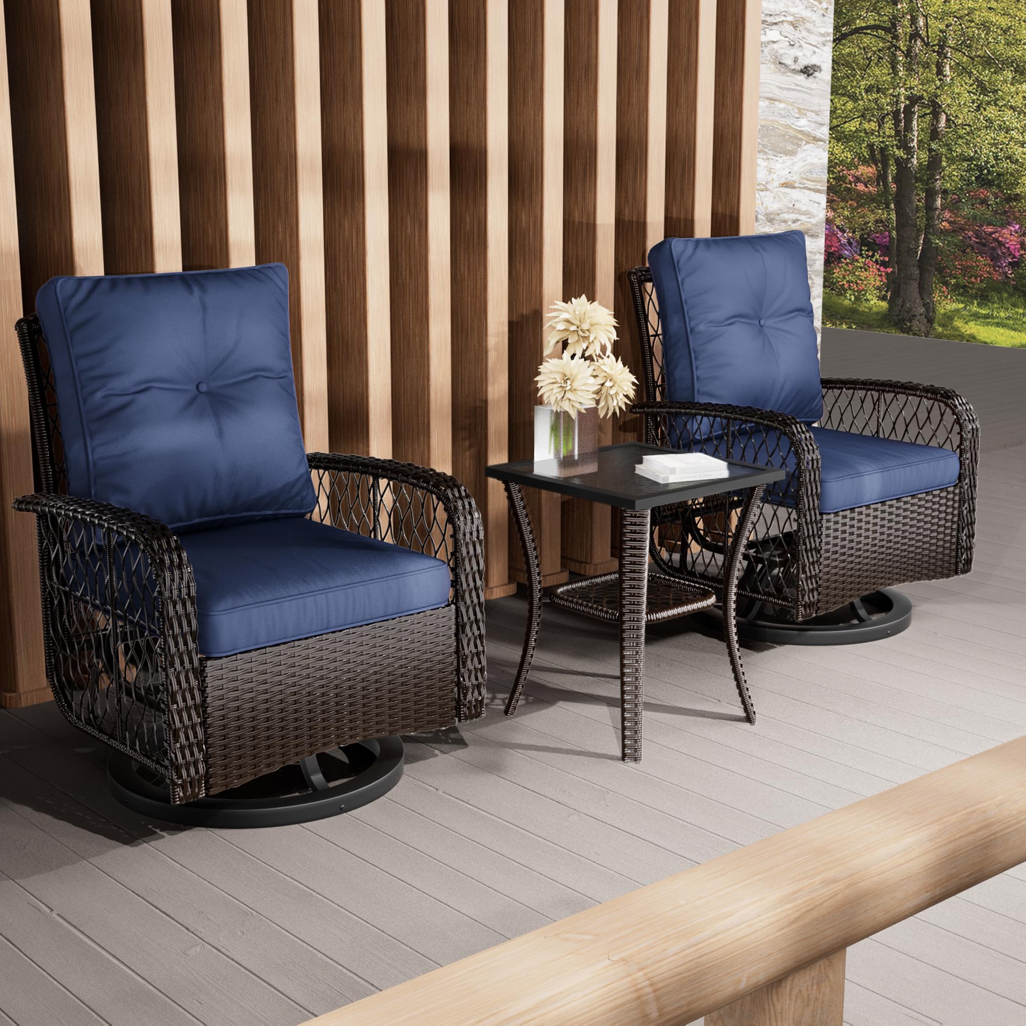 AoxunOutdoor Swivel Gliders Rocker Pieces Patio Furniture Set, Wicker  Bistro Set with Rattan Rocking Chair, Side Table with Glass Tabletop,