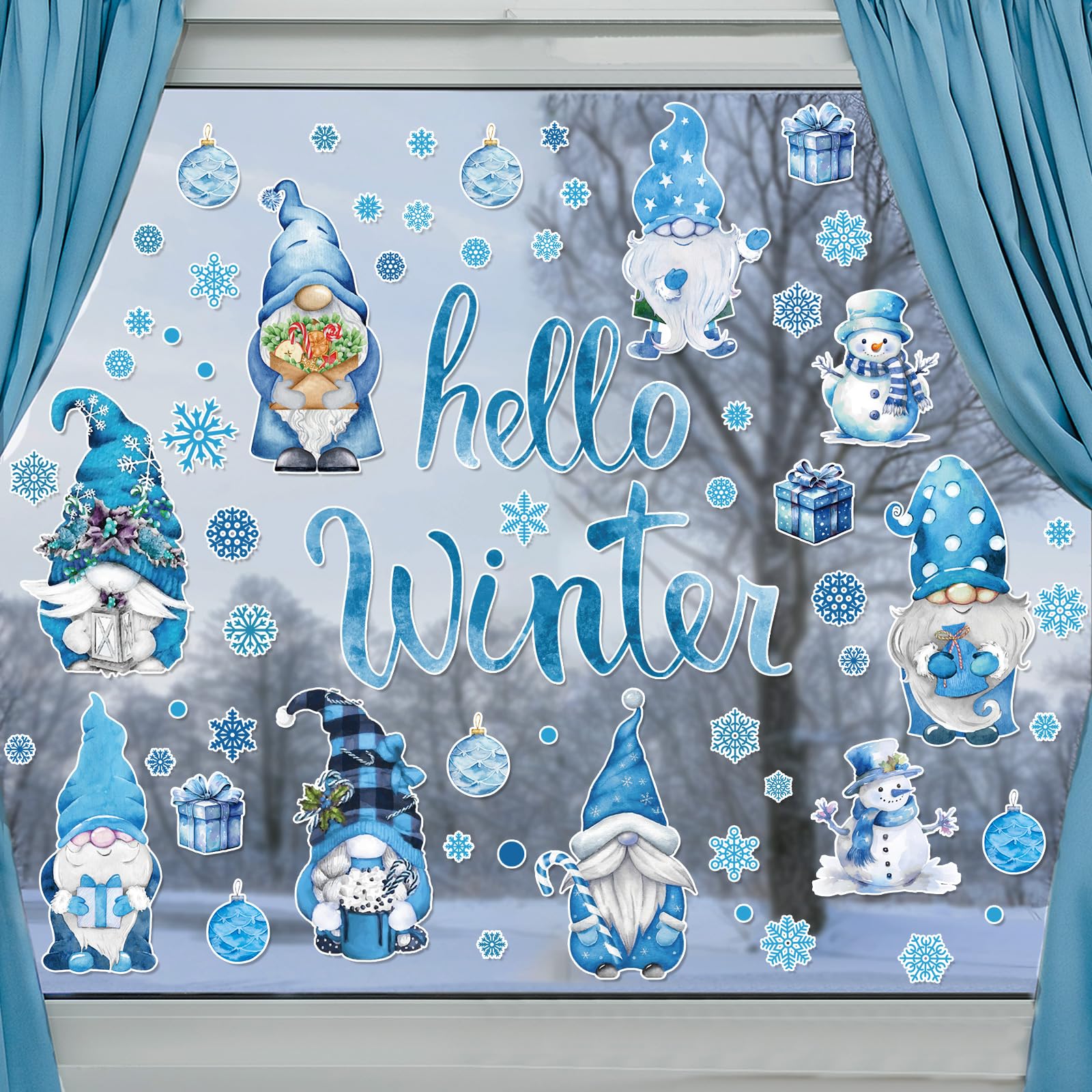 131PCS Hello Winter Gnomes Window Stickers Blue Gnomes Windows Decals Clings Double Printed PVC Stickers Decoration Christmas Gnomes Snowflake Snowman Windows Clings for Winter Holiday Xmas Supplies