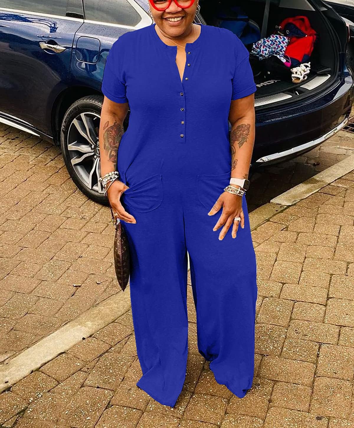 Plus Size Jumpsuits for Women Casual Wide Leg Crew Neck Short Sleeve Long Pants Romper With Pockets - Image 3