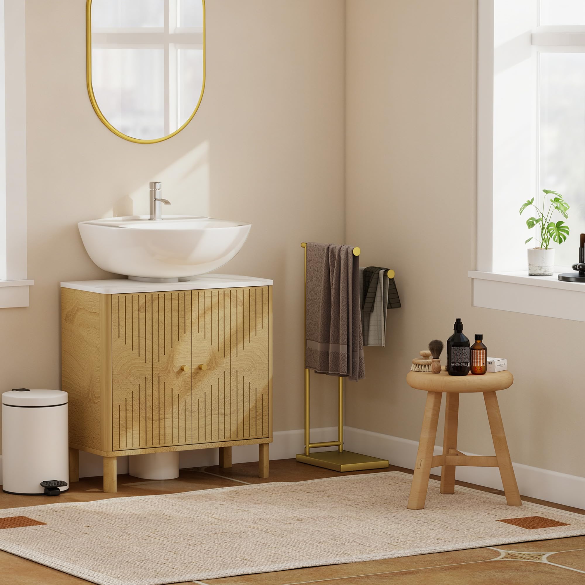 HOMCOM Porte-serviettes sur pied à 2 niveaux avec 2 barres 35,5 x 20 x 78 cm Doré | Porte-serviettes échelle de salle de bain, cadre métallique, style moderne, en forme de L