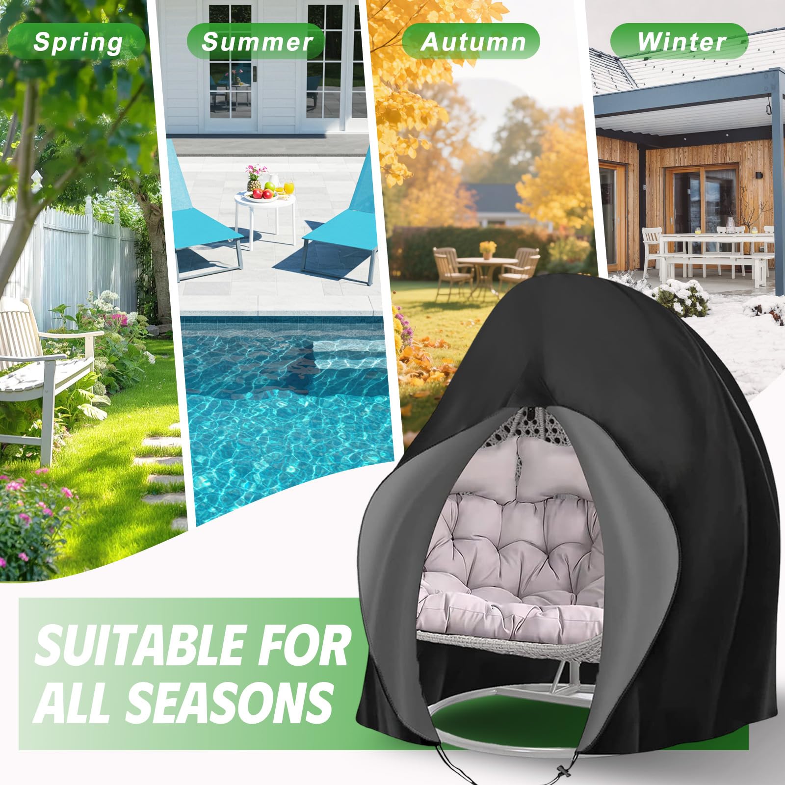 Hängesessel Abdeckung Hängestuhl Schutzhülle Ei-Stuhlbezug Patio Outdoor Swing Egg Chair Cover Wasserdicht Anti-Staub mit Reißverschluss 210D Oxford Hängekorb Schwingsessel Abdeckhauben 200 x 230 cm