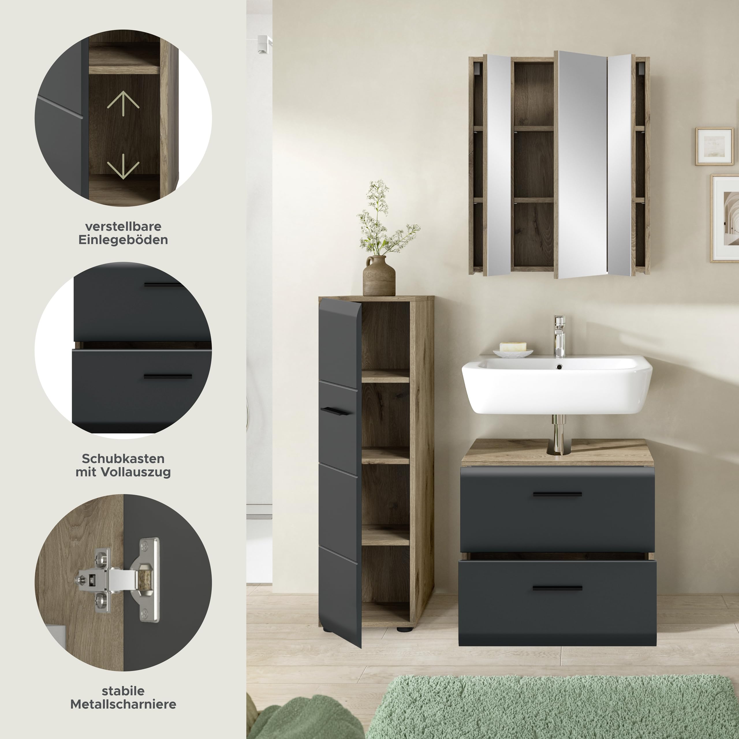 xonox.home – 3 TLG. Badezimmerkombination Ice 105x185x30 cm in Korpus Nox Oak Nachbildung und Front schwarz matt – Hochwertige Badmöbel-Kombi – modern – Bild 7