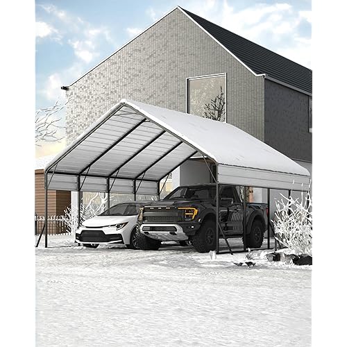 20x20x12.8 FT Metal Carport with Reinforced Frame, Galvanized Steel Roof & Enhanced Base Heavy Duty Car Ports for All-Weather Car Garage Shelter for Car, Truck, Pickup, SUV, Tractor, and Boat