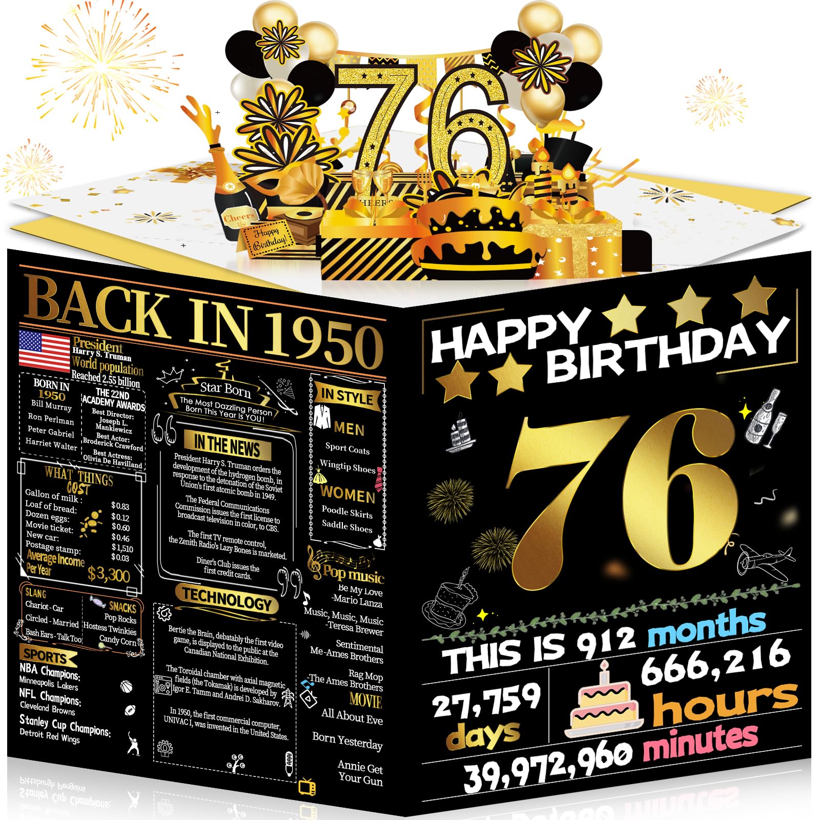 Joycard 76th Birthday Card for Women Men, 3D Pop Up Happy Birthday Gift for Grandpa Grandma, Funny 76 Year Old Birthday Decorations for Mother Dad, Back in 1950 Laser Gold Retro Theme
