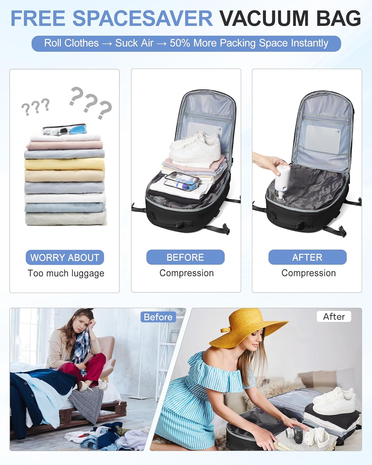 Black Vacuum Backpack for Travel, Waterproof Vacuum Seal Compression bag with Travel Pump, Carry on Backpack Flight Approved Personal Item Bag Casual Daypacks Cabin Bagage with USB Charger