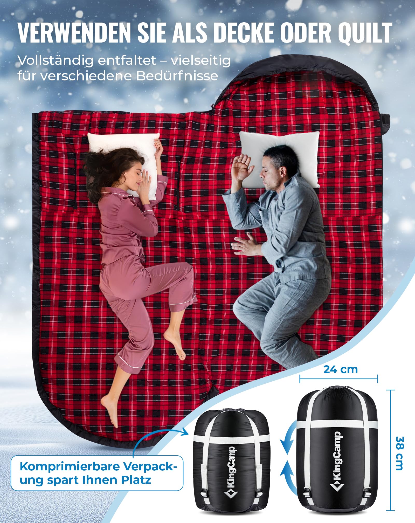 KingCamp Schlafsack XXL Baumwolle Flanell für Erwachsene, Übergröße Warm Deckenschlafsack Winter für Camping Reisen und Aktivitäten Outdoor im 4-Jahreszeiten, 220x100cm