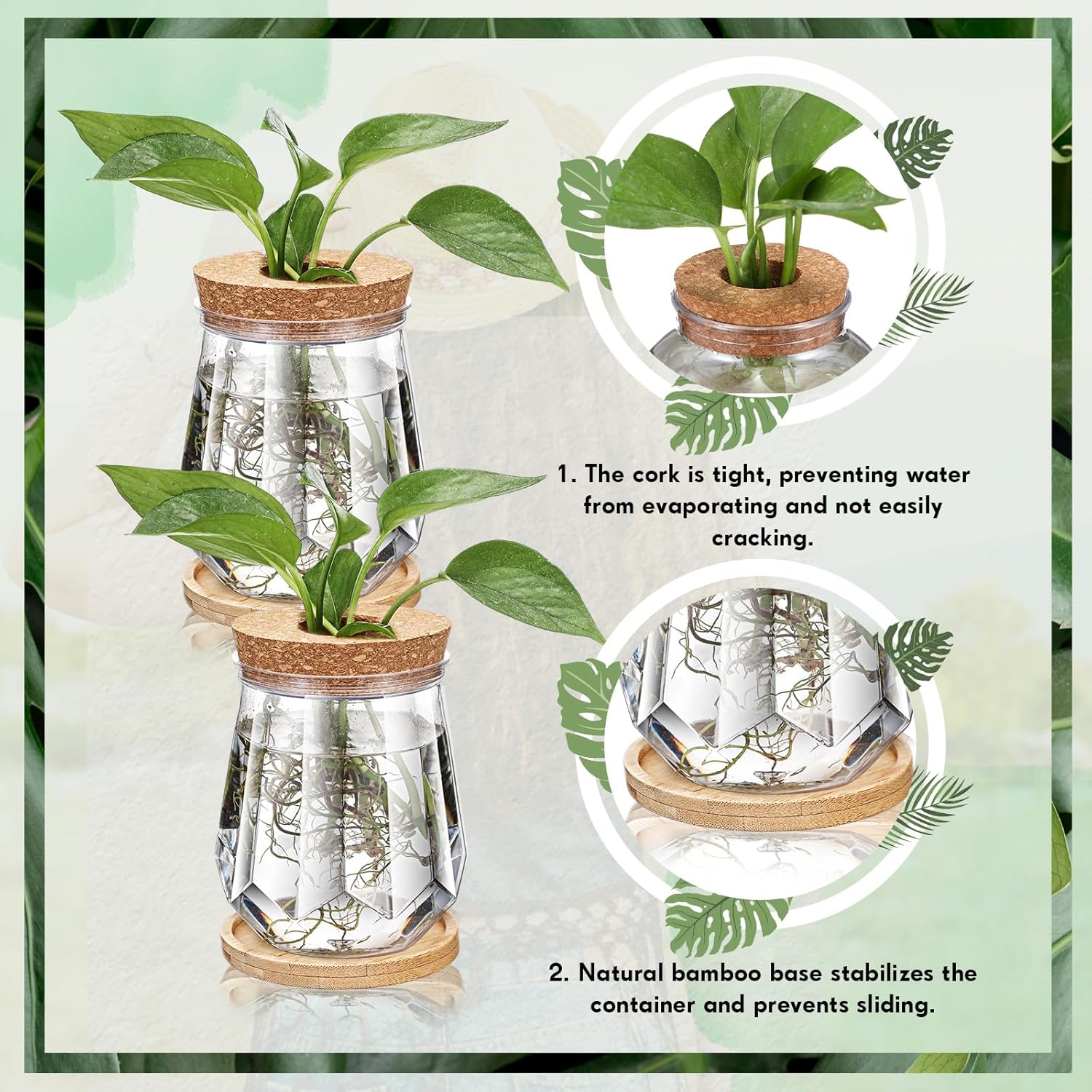 Baderke 12 Packs 4.7" Large Plastic Propagation Vases for Plants with Hole Lid and Bamboo Stand Growing in Water Hydroponic Home Office Desktop Vase Decoration