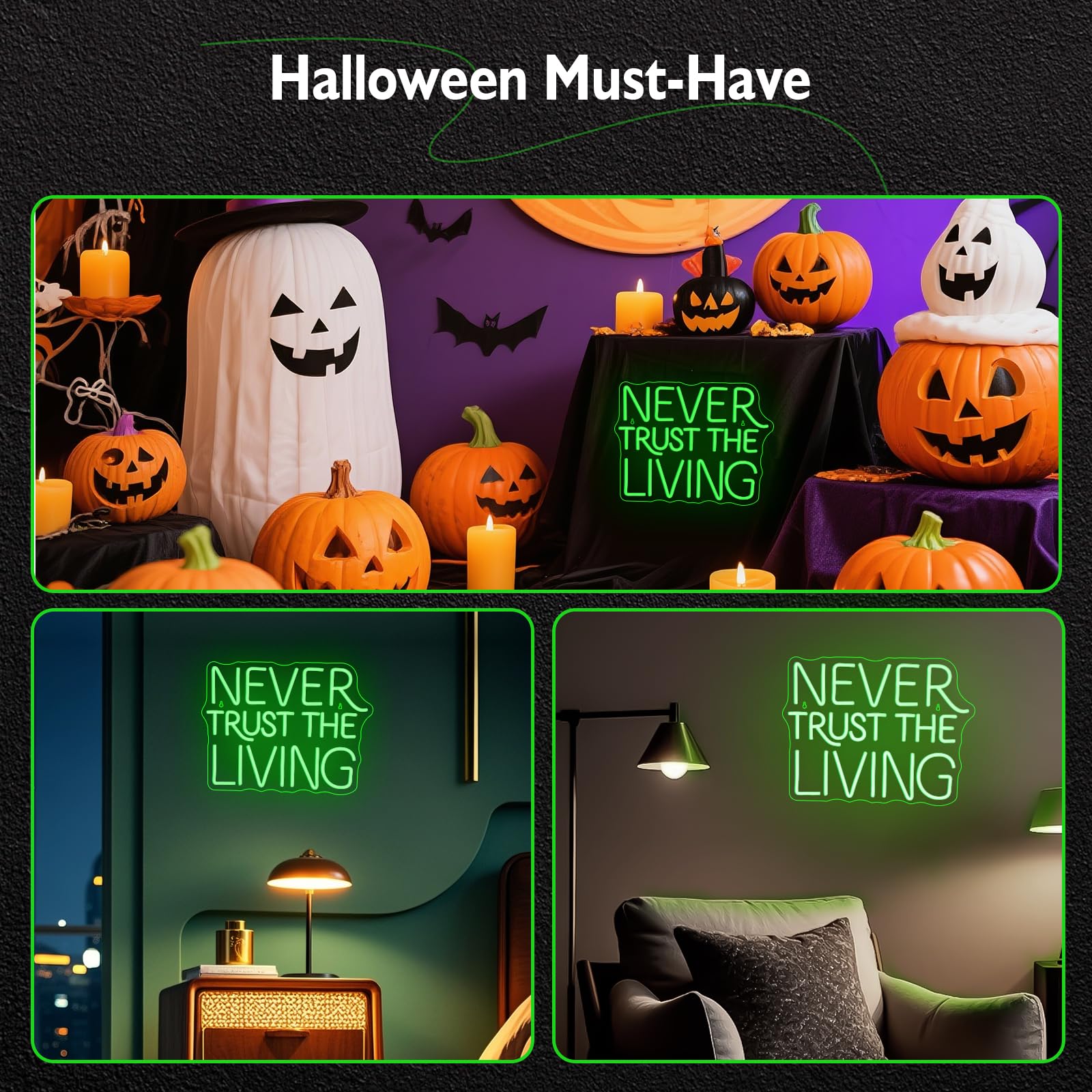 Cartello al neon a LED con scritta "Never Trust the Living", 41,5 x 32 cm, decorazione da parete in stile gotico verde, per Halloween, camera da letto, bar, tema horror, decorazione estetica spettrale